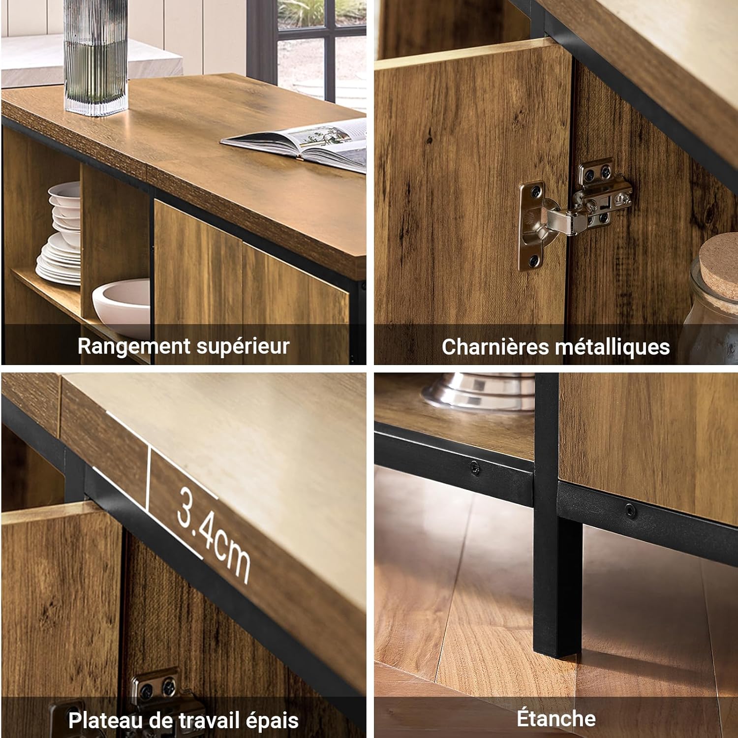 Thumbnail 6 de SoBuy Îlot de Cuisine KNL01-F — Buffet avec plan de travail 170 cm et rangement polyvalent