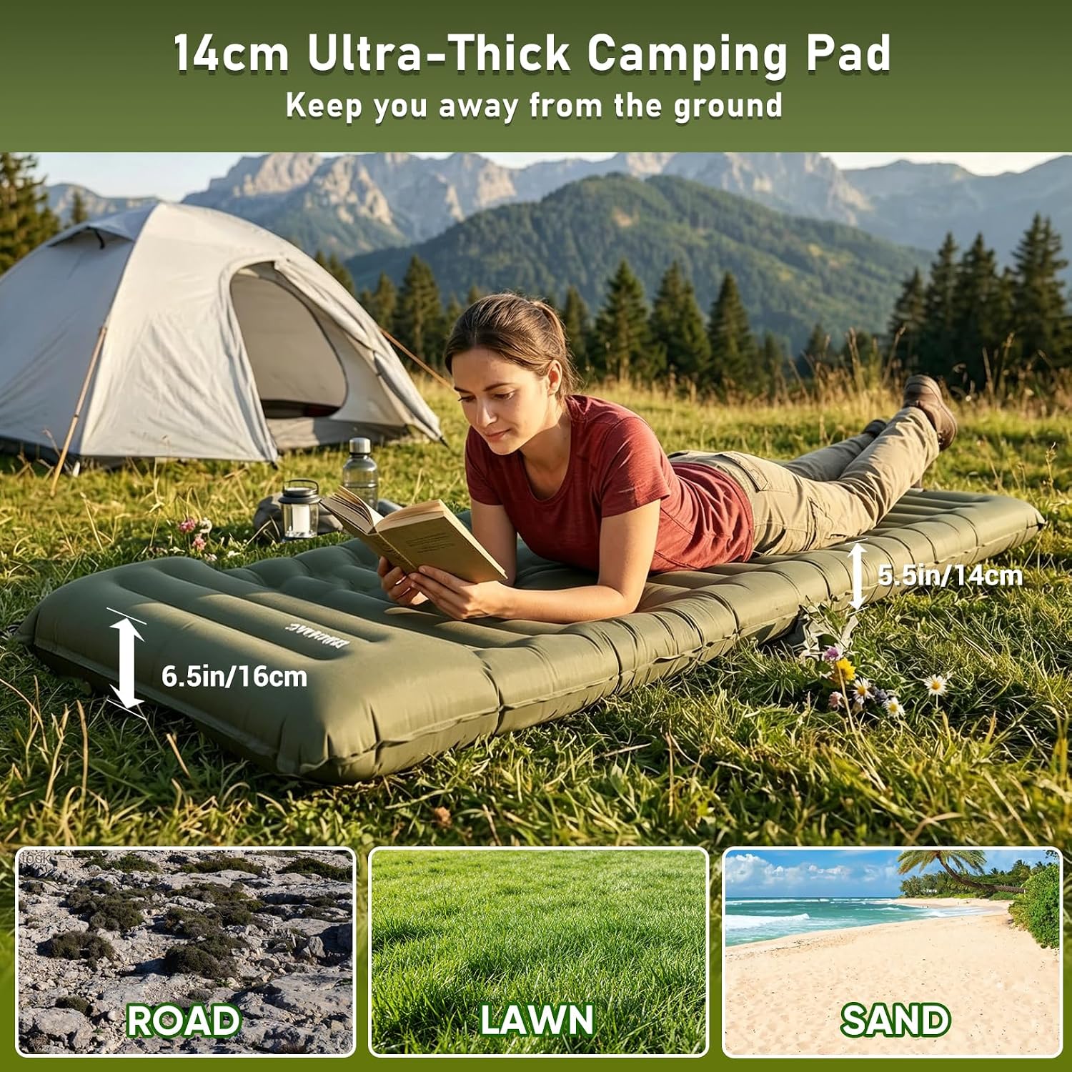 Detalle de Elegear CumbreX Single Camping Mat 14cm: Ultralight, Built-In Pillow and Foot Pump