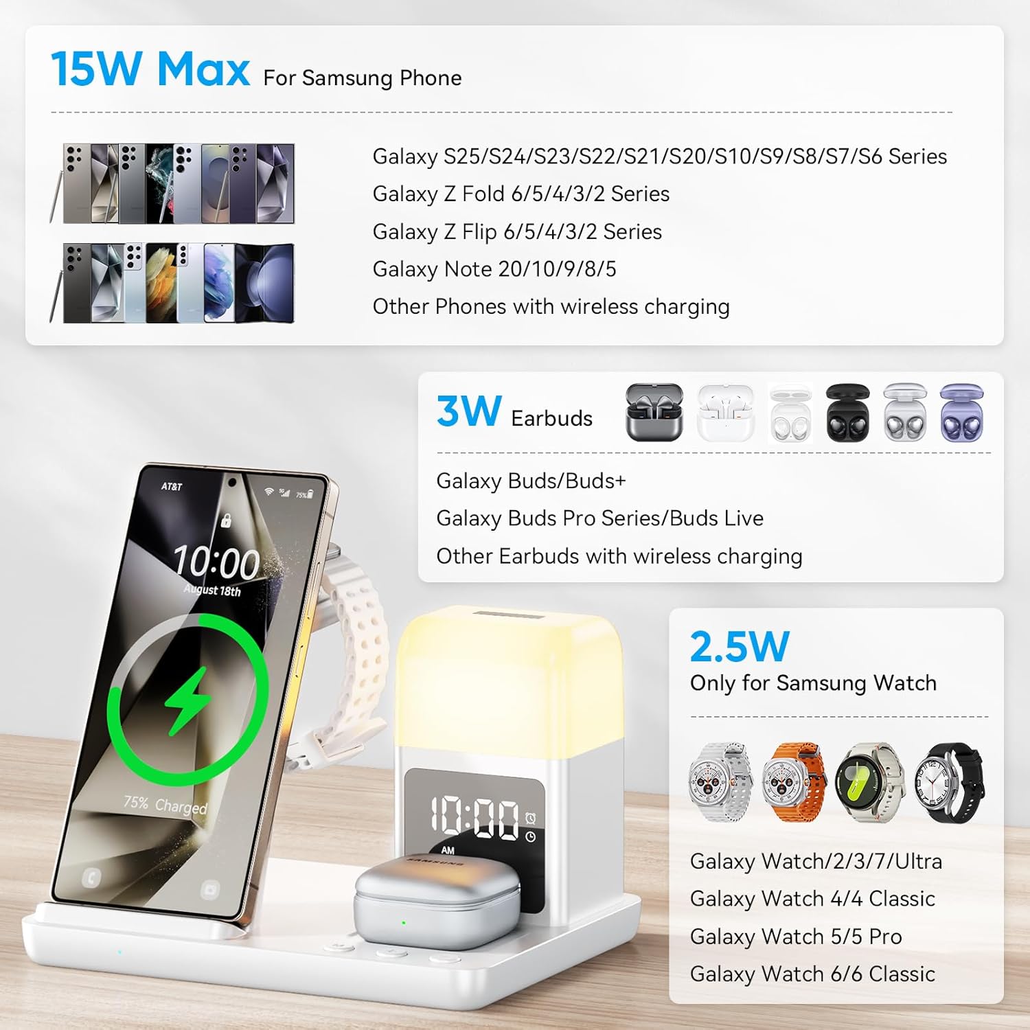 Thumbnail 1 de Stazione di Ricarica Induttiva 6 in 1 per Samsung con sveglia e luce a 3 colori, 15W wireless