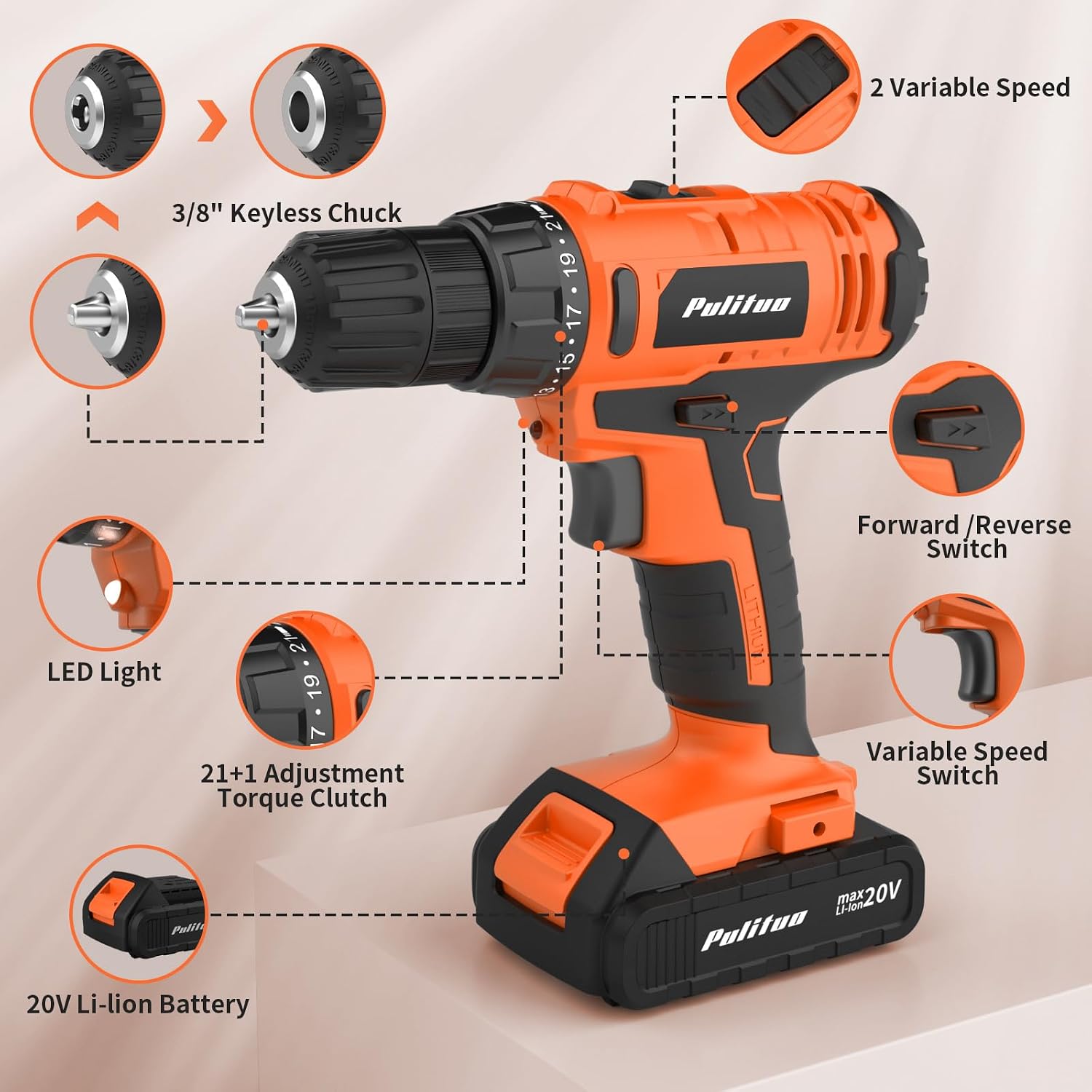 Thumbnail 2 de PULITUO 20V Cordless Drill/Driver, 30 Nm, 21+1 Torque Settings, 3/8-inch Chuck