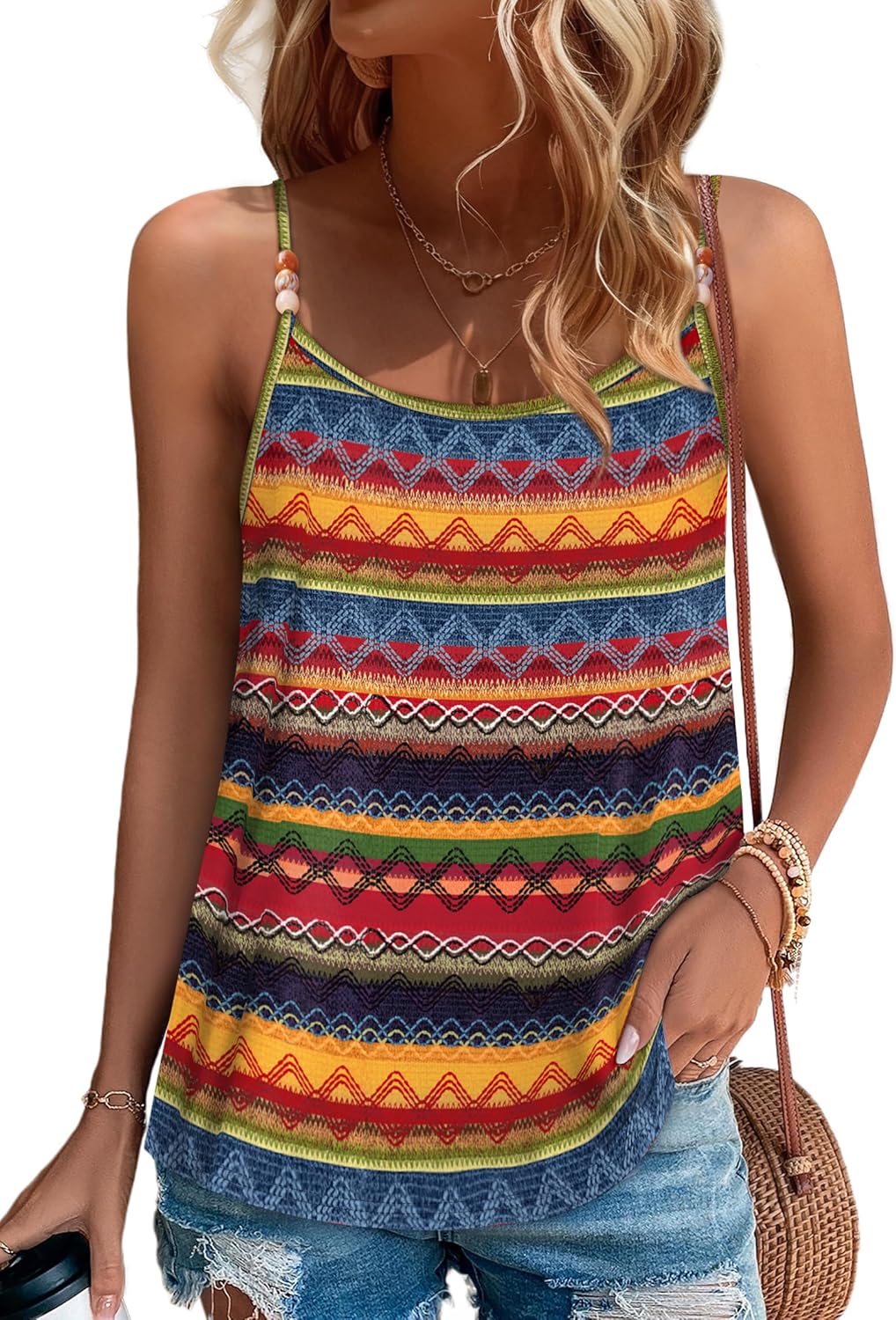 Detalle de WIHOLL Women’s Beaded Spaghetti Strap Tank Top Cami (Flowy Scoop Neck)