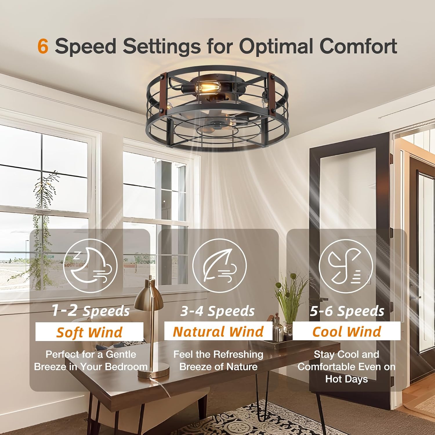 Detalle 2 de addlon NFM0201031 20-Inch Farmhouse Ceiling Fan with Light, Remote and Black Cage