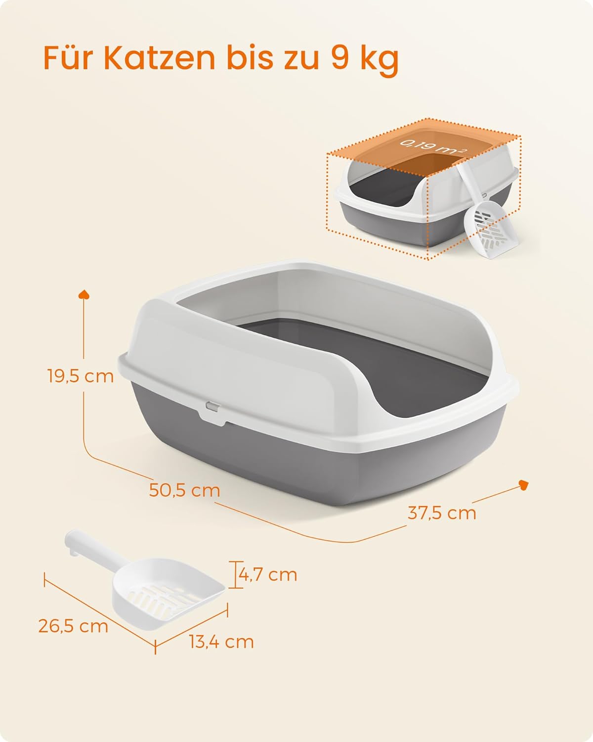 Thumbnail 6 de Feandrea Katzenklo mit hohen Seitenwänden, XL, offene Katzentoilette (PPT009W101) – mit Schaufel