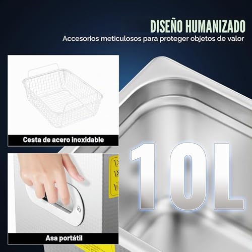 Detalle de VEVOR Limpiador ultrasónico 10L con temporizador y control de temperatura – 240 W, acero inoxidable 304