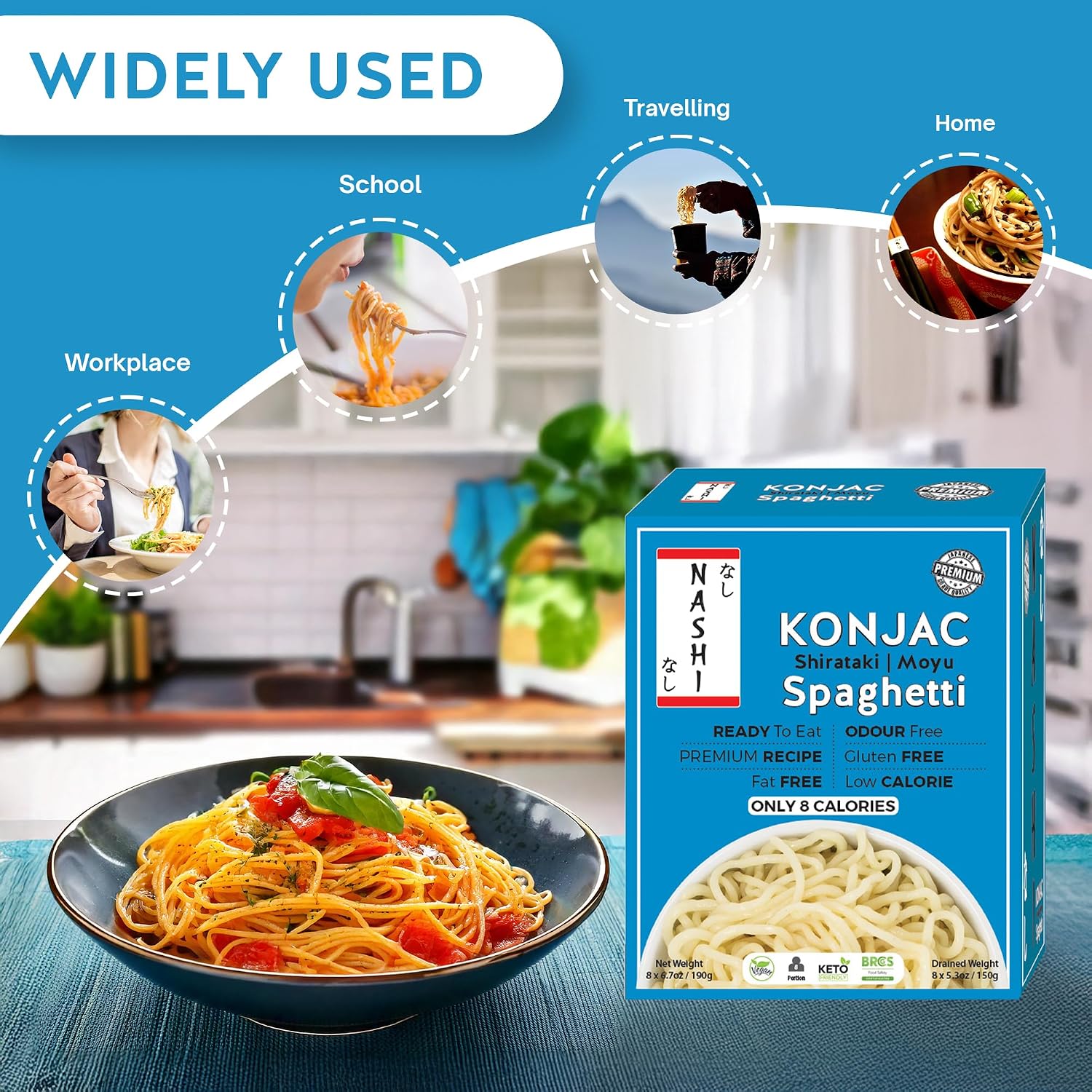 Detalle de Spaghetti Nashi Shirataki Konjac Moyu – Spaghetti cheto-friendly pronti da mangiare, 8 × 190 g