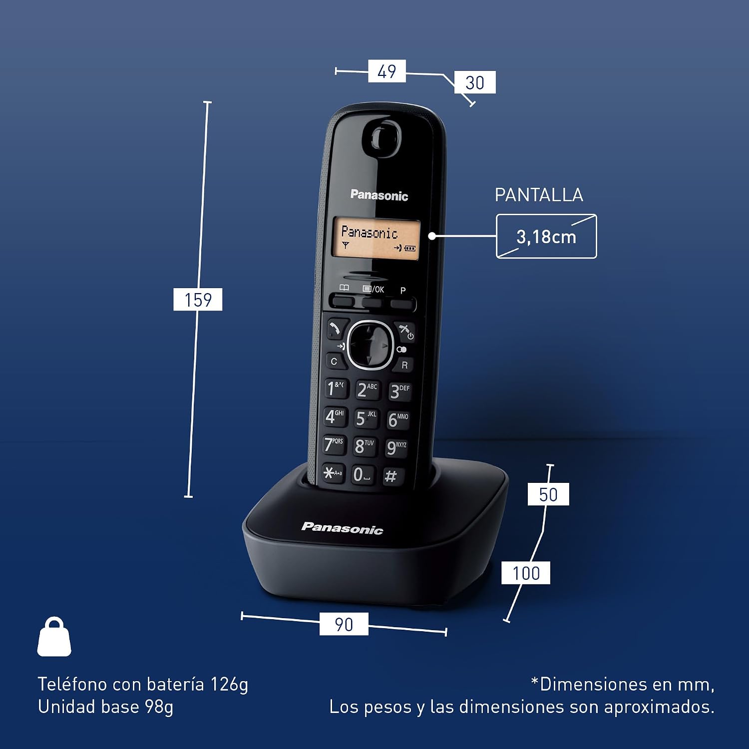 Detalle de Panasonic KX-TG1611SPH: teléfono fijo inalámbrico DECT con LCD, identificador de llamadas y agenda de 50