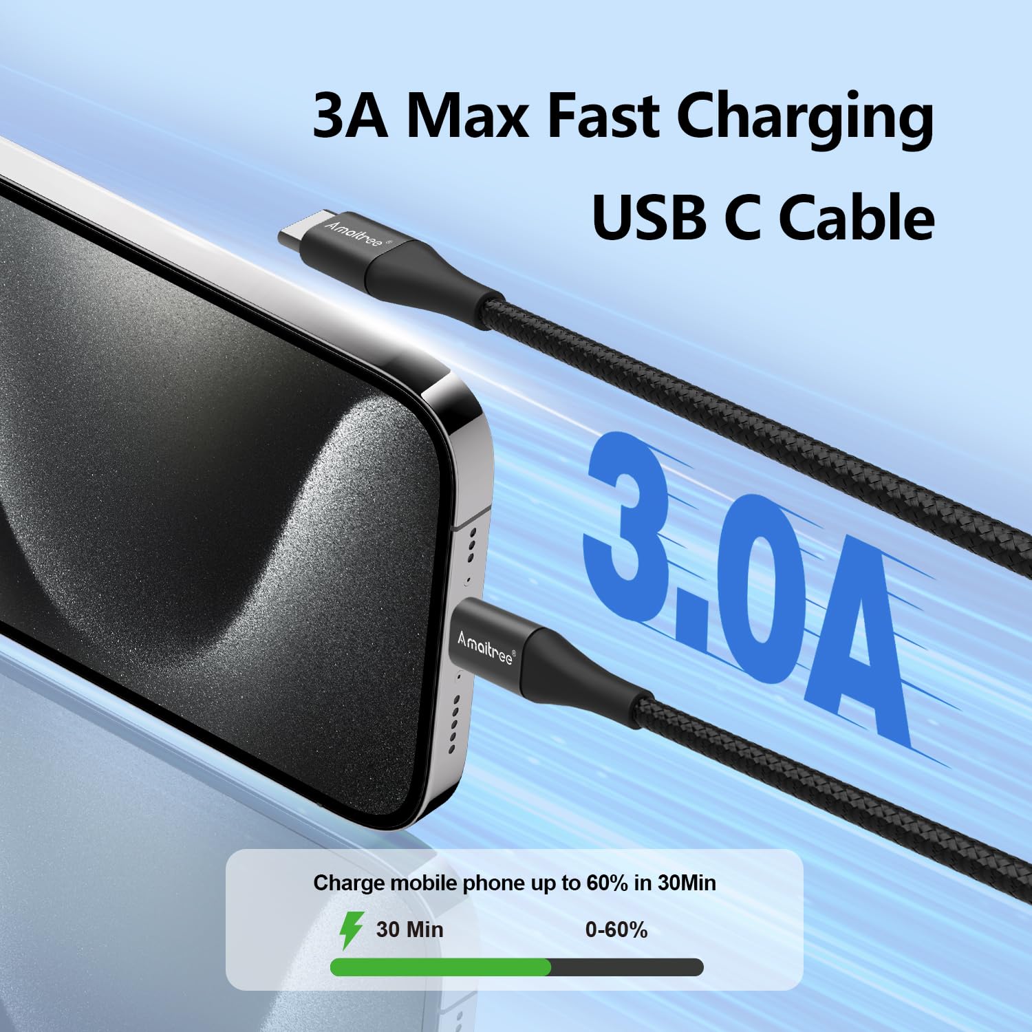 Detalle de Amaitree USB C to USB C Cable (4 ft, 3A, 60W) – Ultra-Durable Nylon Braided Type-C Link for iPhone, Galaxy, iPad Pro, and More