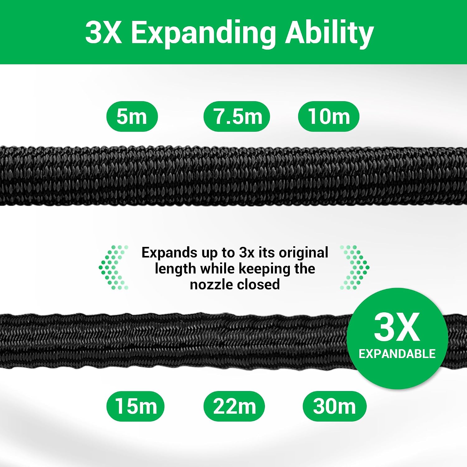 Detalle de TheFitLife expandable garden hose pipe (100 ft) with triple core latex and 8-pattern spray nozzle