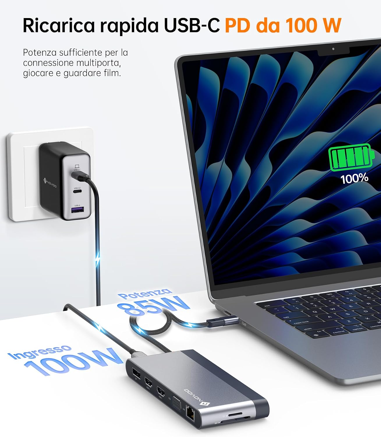 Detalle de NOVOO USB C Quad Display Docking Station 14 in 1: docking multiporta per laptop con supporto DP 8K/4K, HDMI, VGA, USB, PD 100W e Ethernet