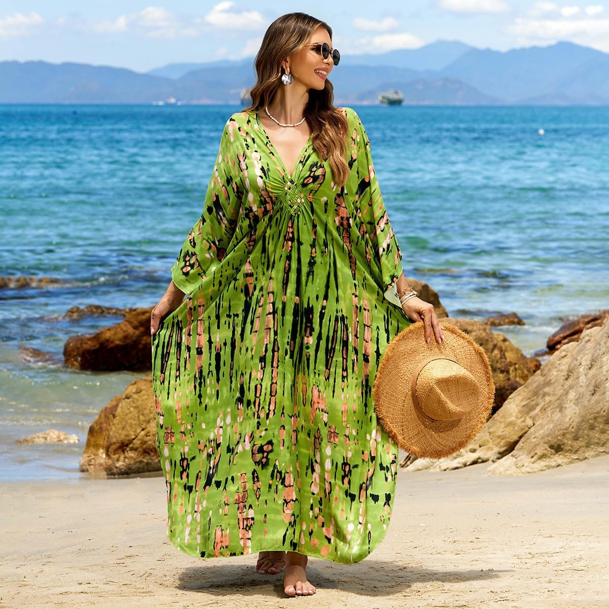 Detalle 2 de IMAGEKOPE Women’s 2025 Summer Kaftan Dress (Plus Size) Deep V-Neck Swim Cover-Up