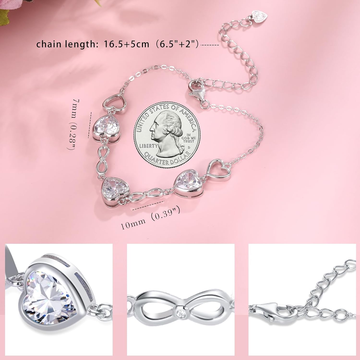 Thumbnail 4 de Qings 3 Heart Birthstone Bracelet for Women – Sterling Silver 925, Infinity Symbol, Adjustable 16+5 cm