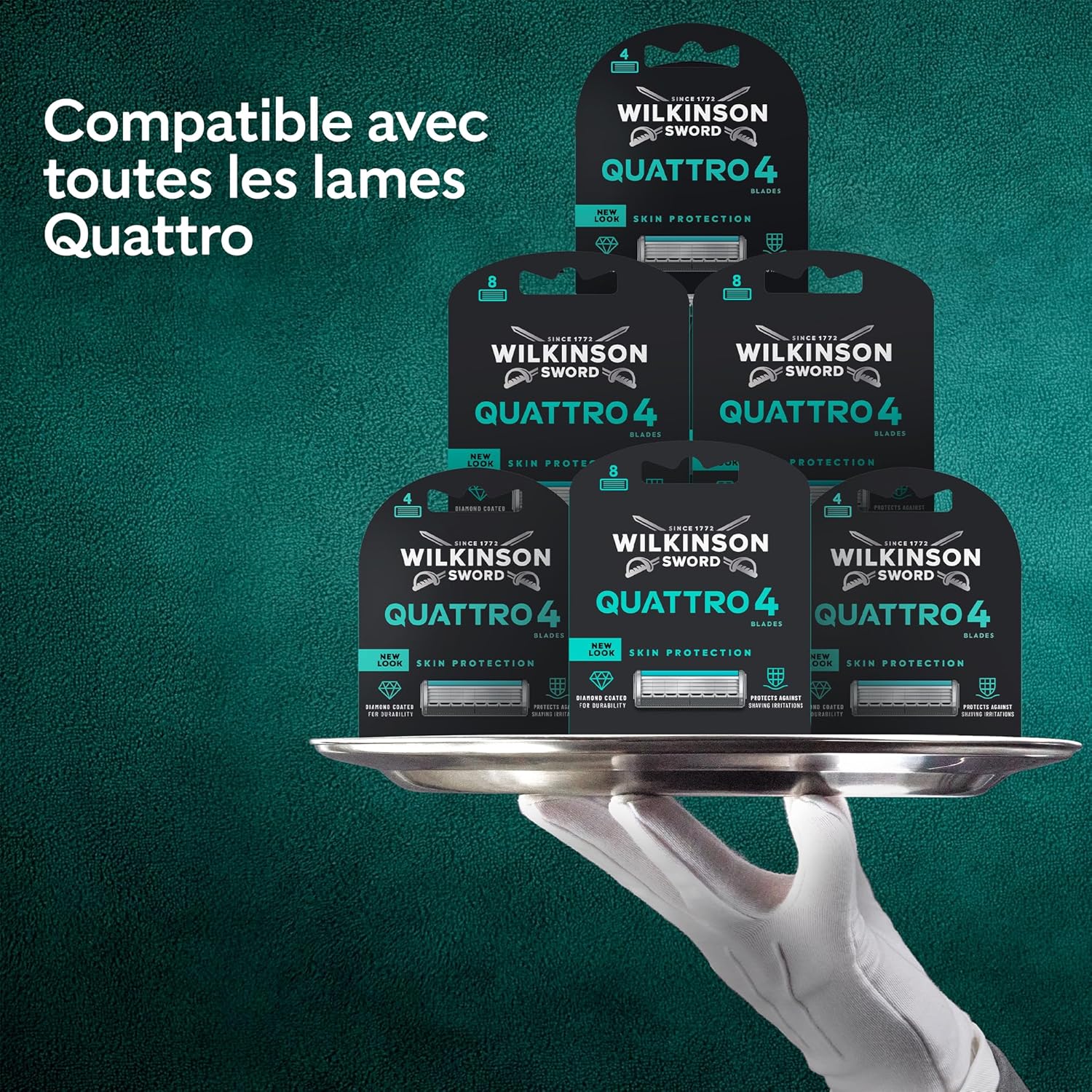 Detalle de Wilkinson Sword Quattro – Rasoirs pour homme, pack économique avec 9 recharges et 4 lames au revêtement diamant