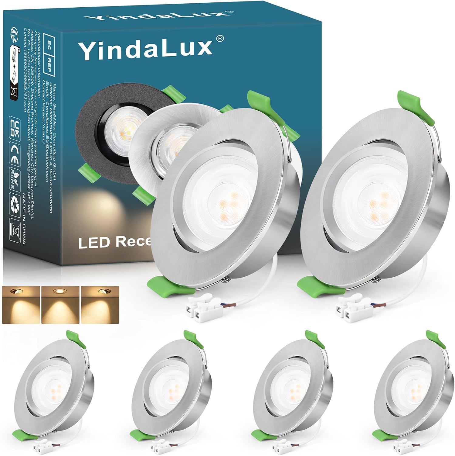 Detalle de YindaLux LED-Einbaustrahler 230V IP44 5W GU10, warmweiß 2700K, schwenkbar 45° – 6er Set (68 mm Lochausschnitt)