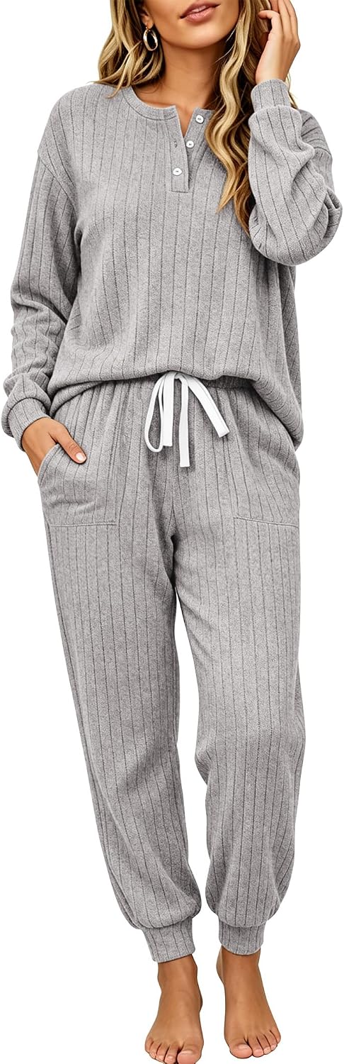 Detalle de Ekouaer Women's Pajama Set, Ribbed Knit