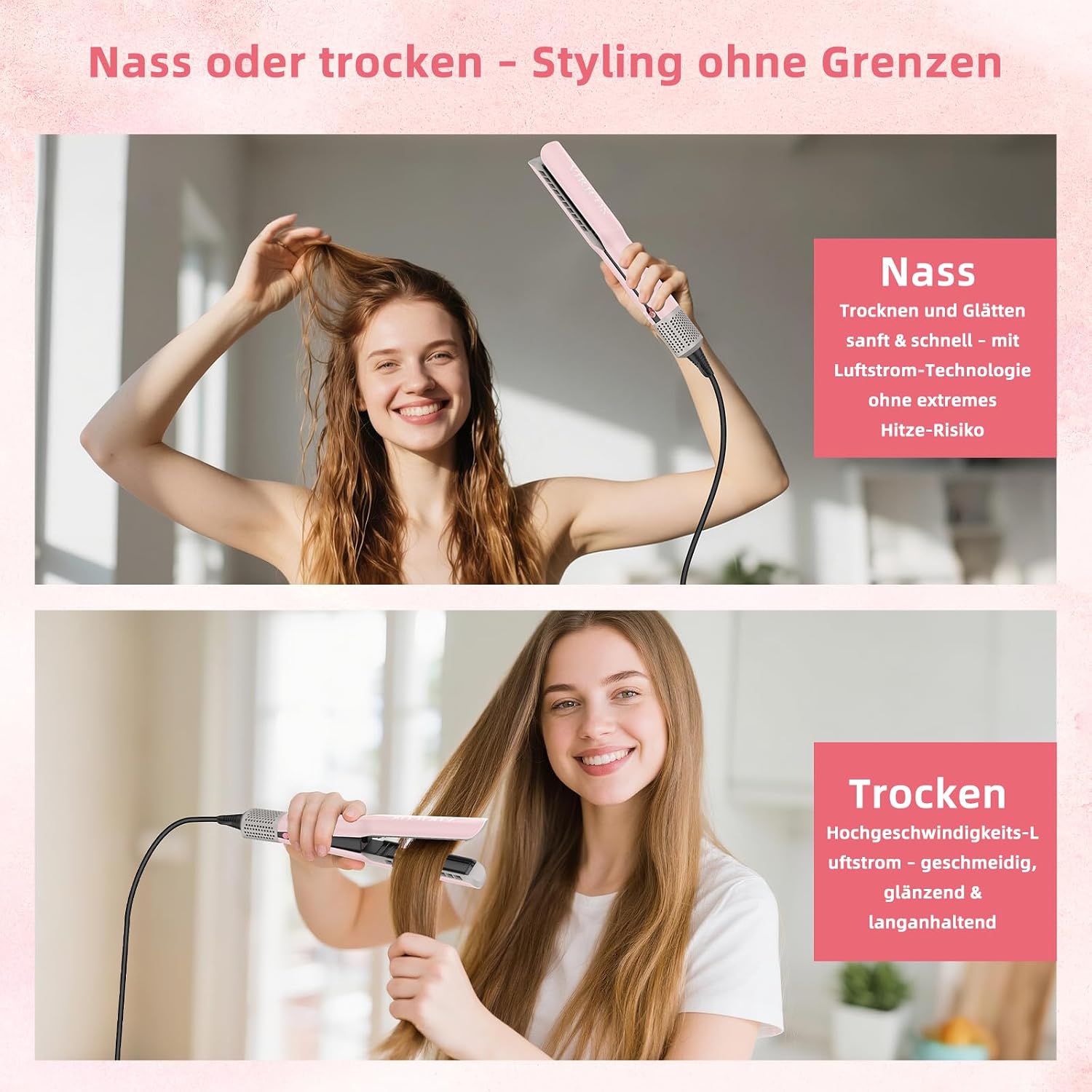 Detalle de VIKICON Air Haarglätter – Professionelles Ionen Luft-Glätteisen (Hellrosa), 2-in-1 Glätten und Trocknen