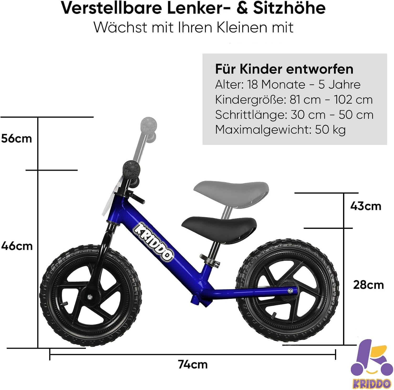 Thumbnail 4 de KRIDDO Kinder Laufrad ab 2 Jahren – 12-Zoll Balance Bike mit personalisierbarem Schild