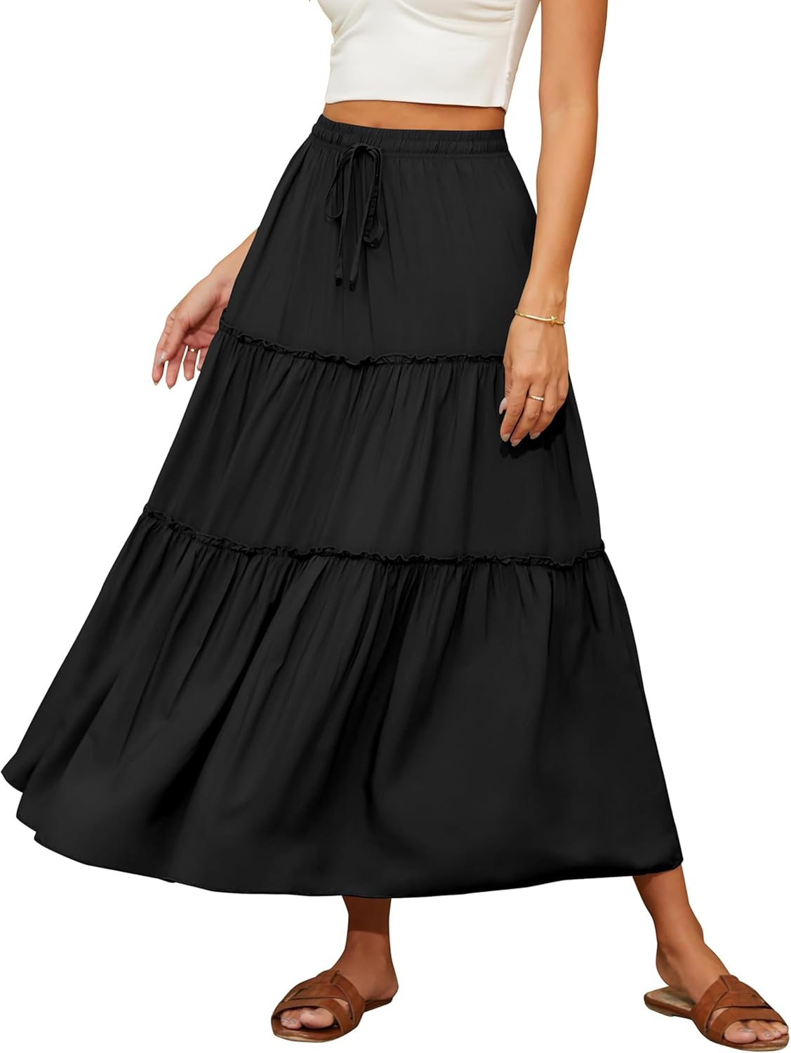 Detalle 2 de Timuspo Women's Maxi Skirt with Pockets – Boho Flowing A-Line, High Elastic Waist