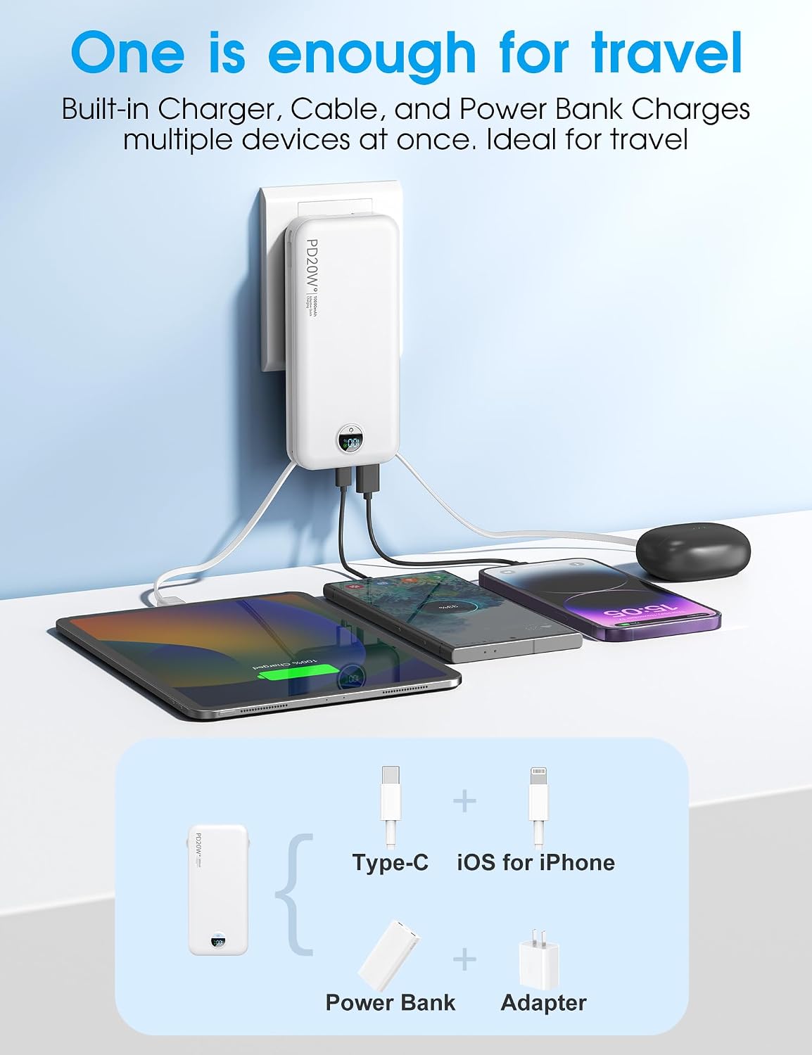 Detalle 2 de citicr AC-02D 10,000mAh Portable Charger with PD 20W and Built-In Wall Plug