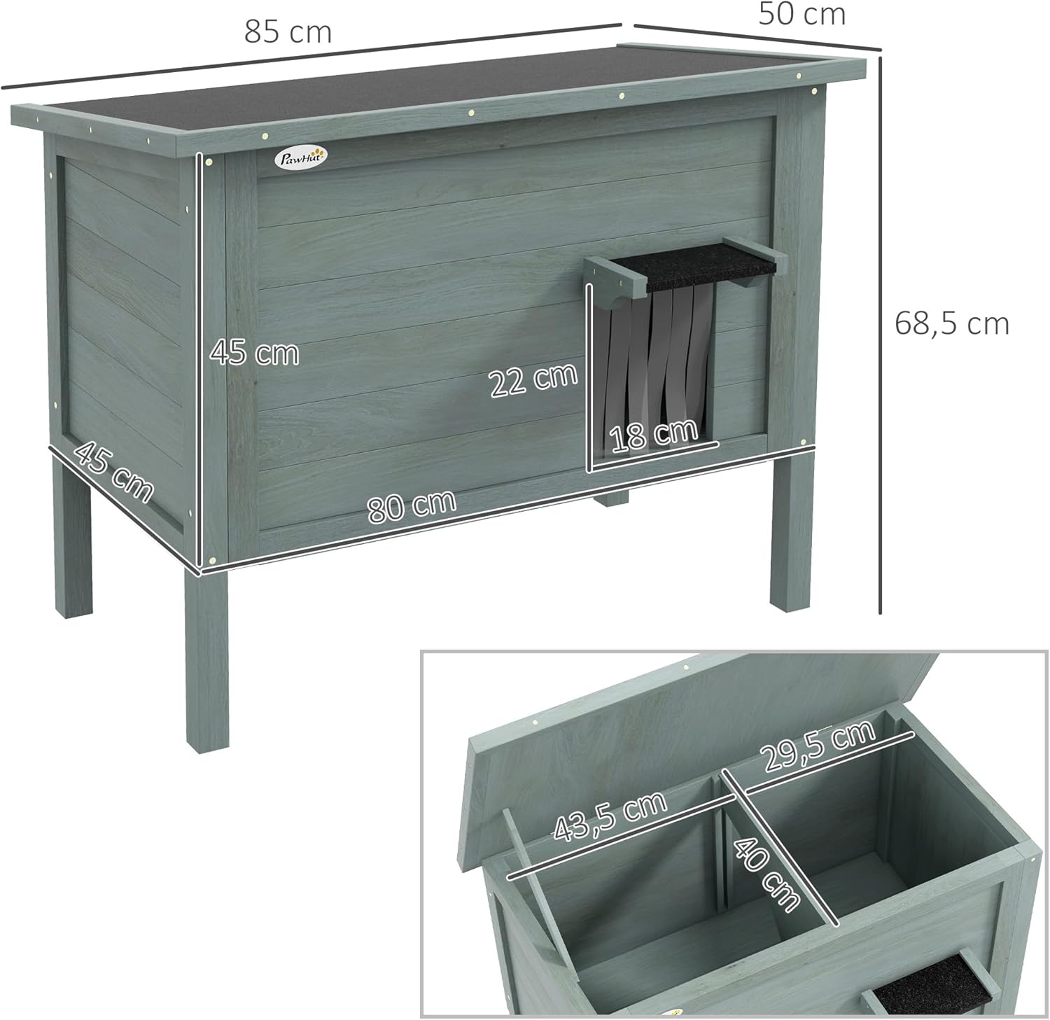 Thumbnail 6 de PawHut Maison pour Chats en bois surélevée avec toit ouvrable isolé et toit en asphalte, 85 x 50 x 68,5 cm