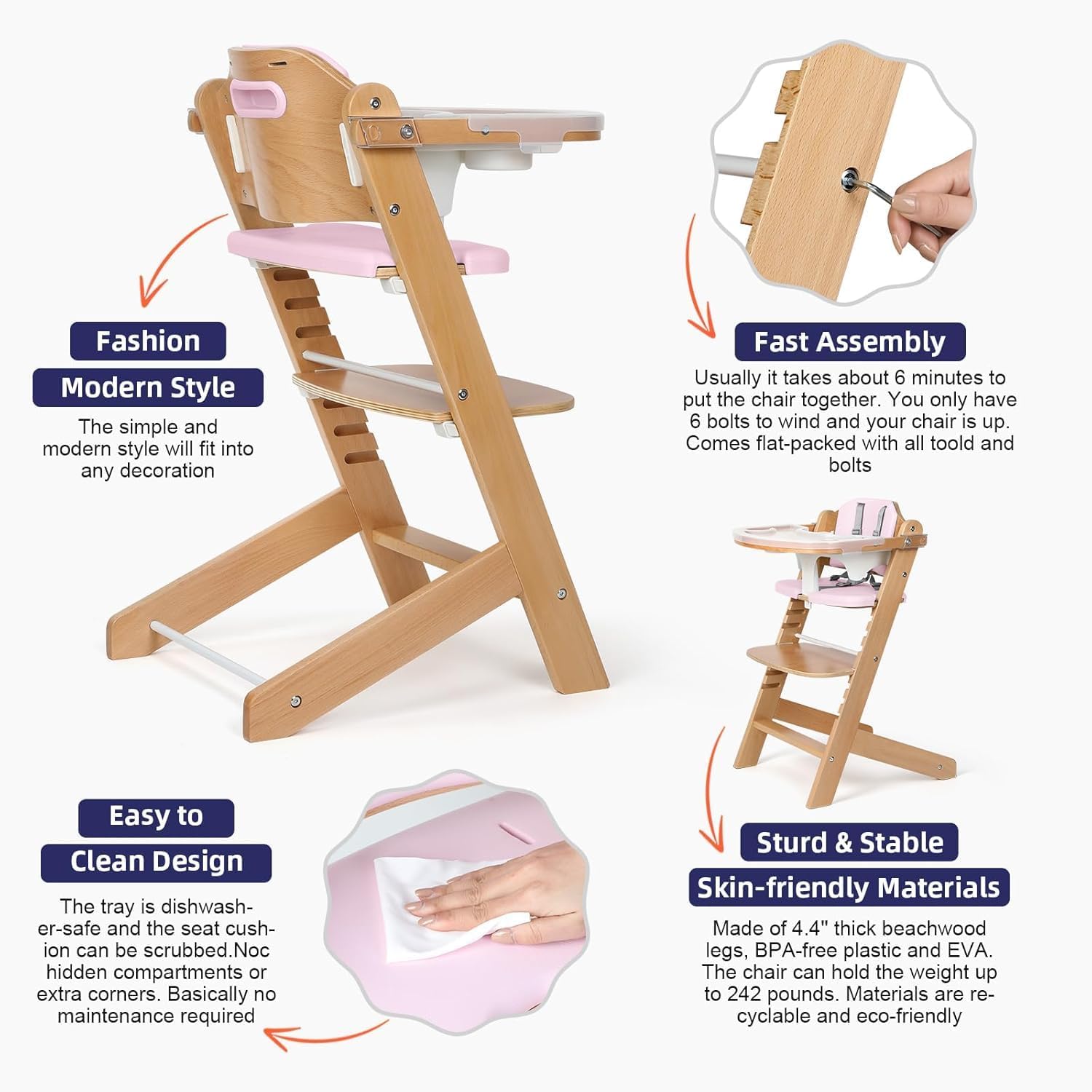 Thumbnail 4 de Cowiewie 3-in-1 Convertible Natural Wooden High Chair (Pink) – Safe, Grow-With-Me Feeding Solution