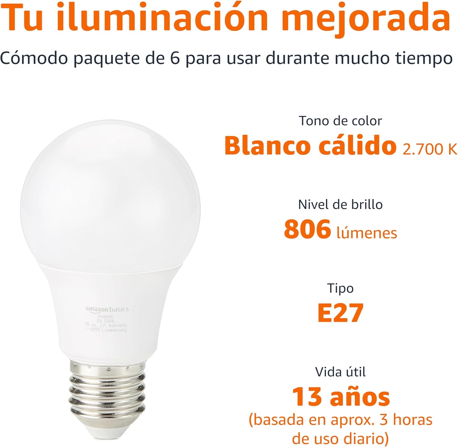 Detalle 2 de Amazon Basics Bombilla LED E27, 8W, Blanco Cálido, Paquete de 6