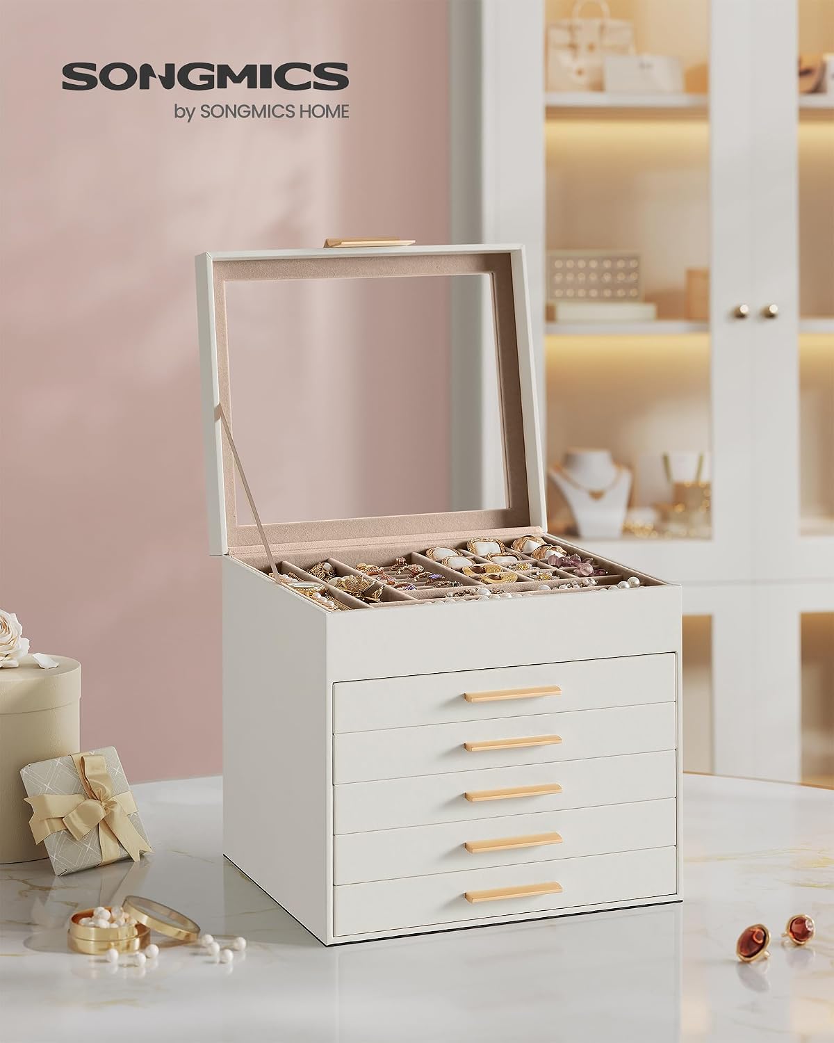 Detalle de SONGMICS Colección GISELLA: Caja de Joyas JBC176W01, 6 Niveles y 45 Compartimentos en Blanco Nube y Dorado
