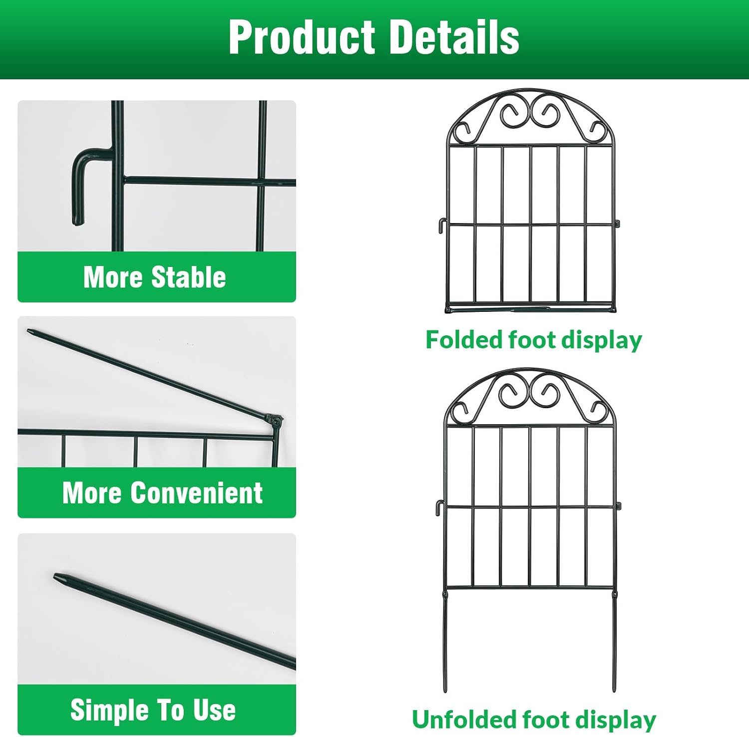 Detalle de ADAVIN 20 Panels Collapsible Garden Fence – 20 Ft, 24 in High, Rust-Resistant Arched Metal Border