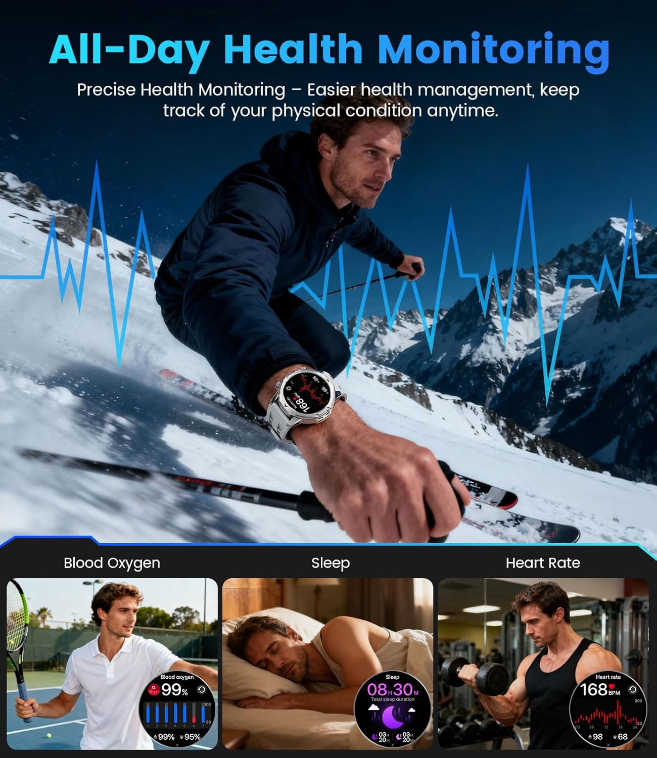 Thumbnail 6 de FitVigor EF23 Military Smart Watch for Men – 1.53" Display, 120+ Sports Modes, 1000mAh Battery, Bluetooth Calling