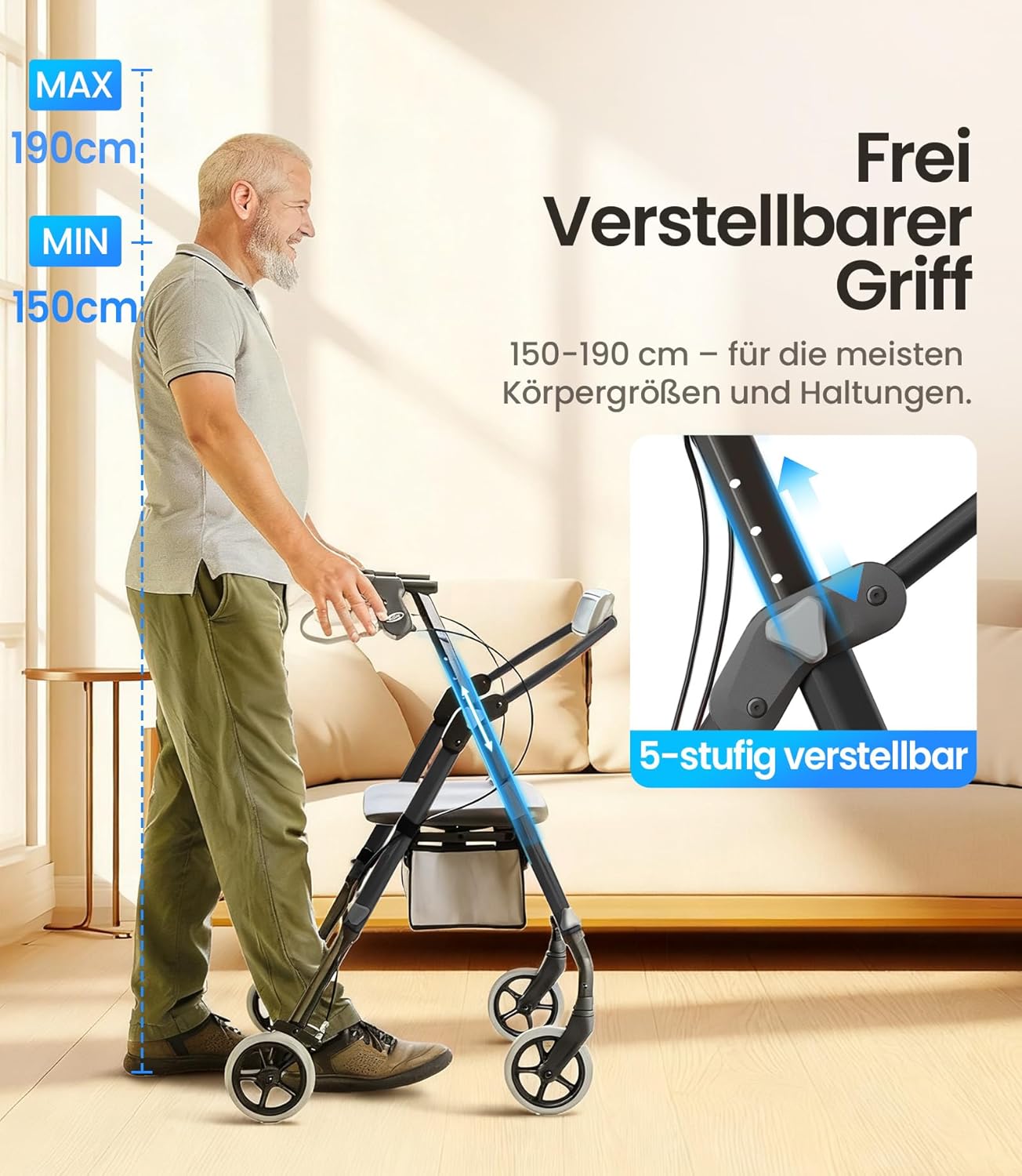 Detalle de VOCIC Z11 Rollator – faltbar, leicht und stabil mit Sitz (Tragkraft 172 kg)
