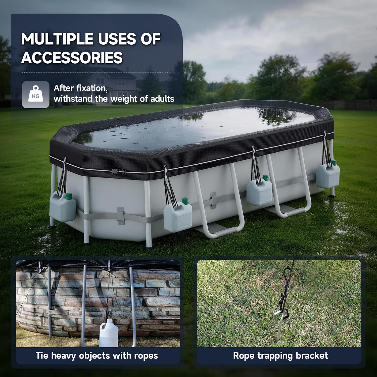 Detalle de LXKCKJ 12X24 ft Pool Cover for Above Ground Pools (Oval/Rectangular) 420D Oxford, Tear-Resistant, Waterproof and UV-Protected