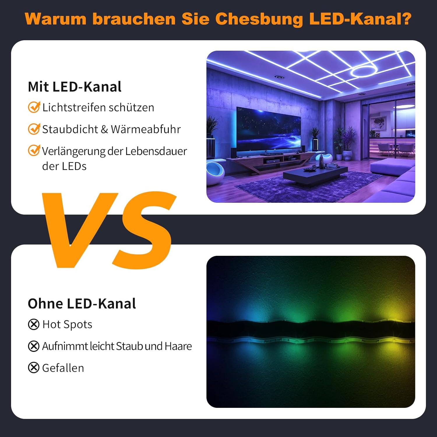 Thumbnail 6 de Chesbung LED-Profil U-Form für LED-Streifen (milchig weißes Diffusorlicht), 6×1 m Aluminium-Kanal mit Clips & 45°-Eckverbindern