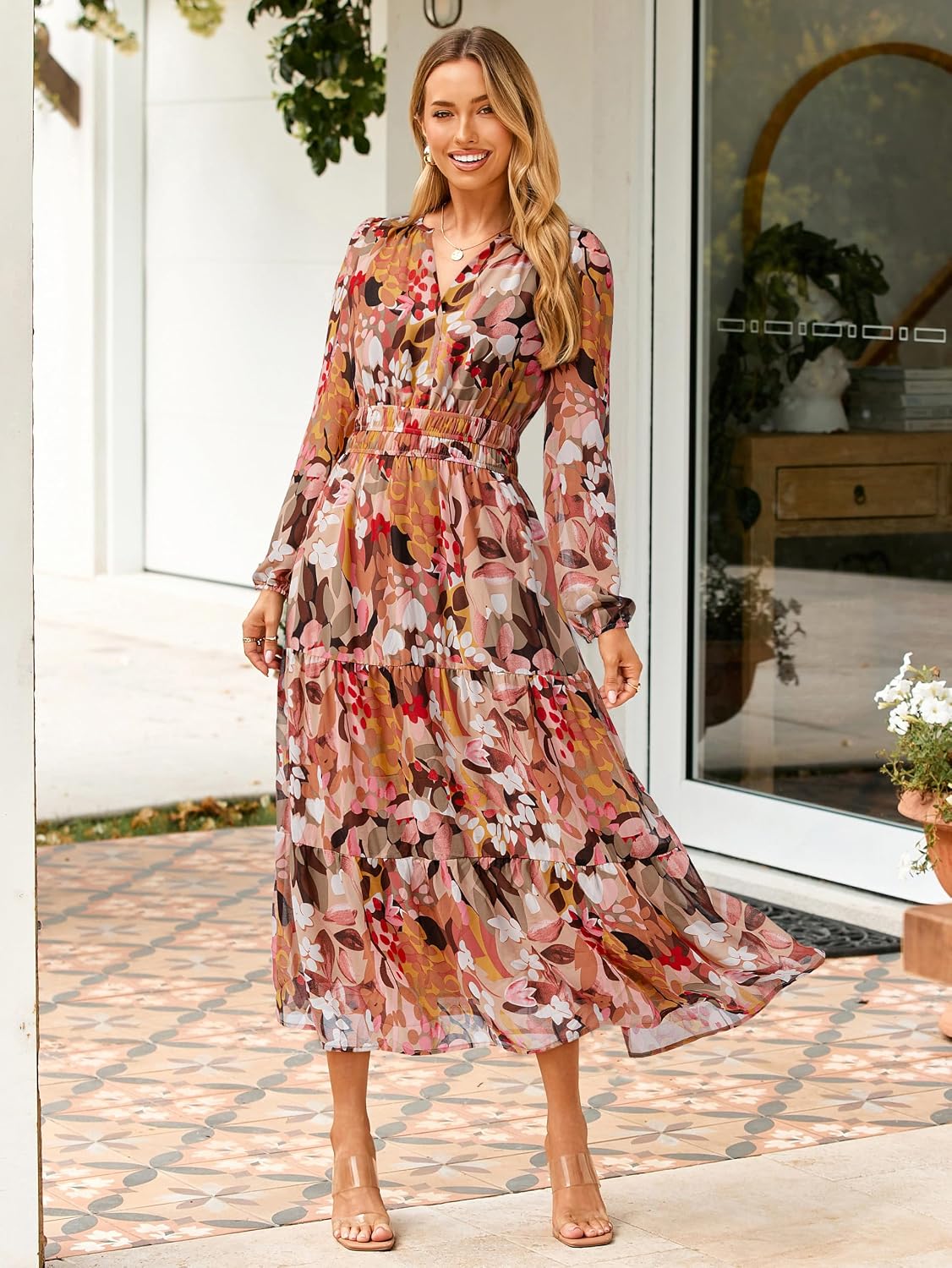 Detalle de Simplee Women's Floral Boho Maxi Dress with Long Sleeves and Empire Waist