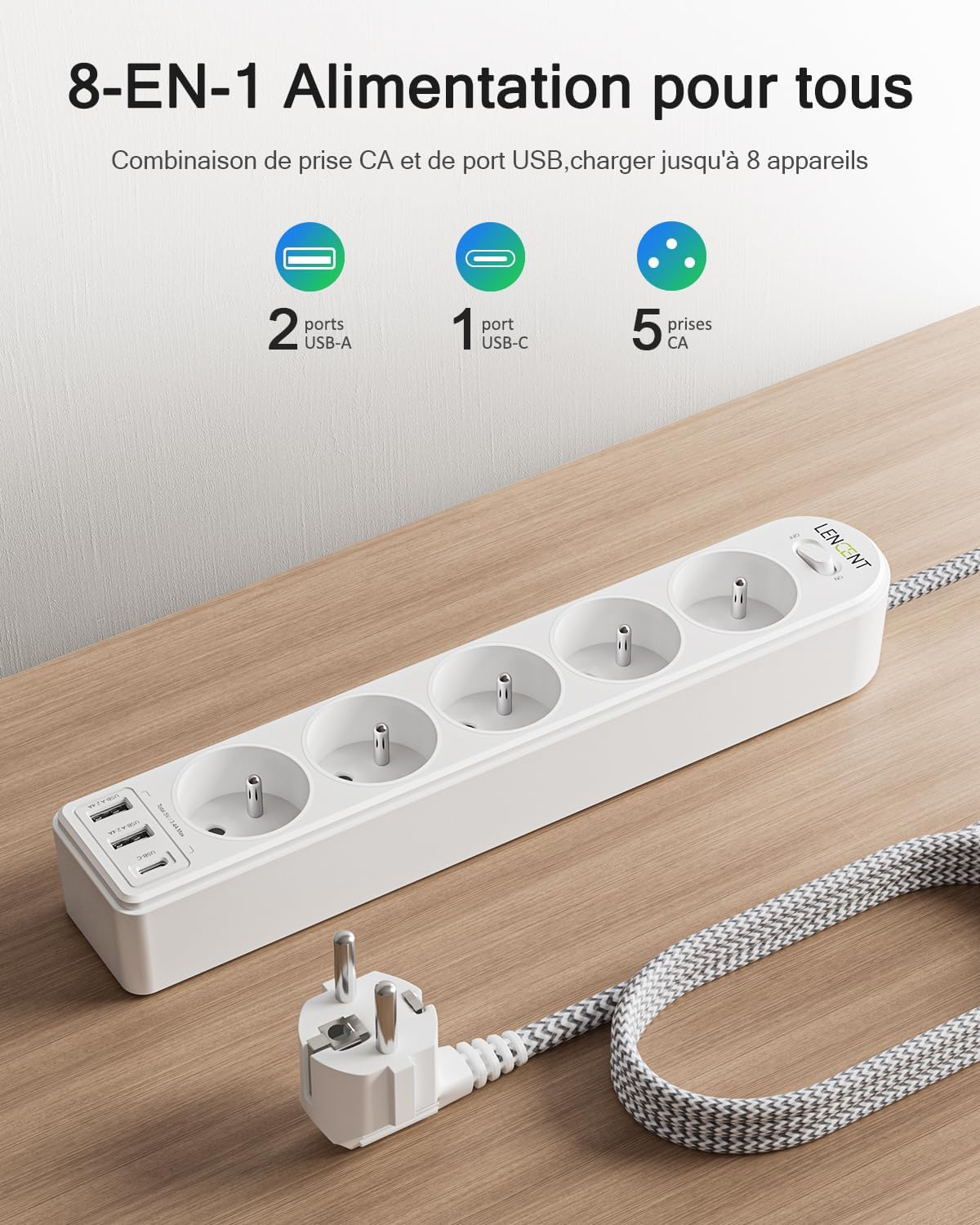 Detalle 2 de LENCENT Bloc multiprise 8 en 1 2 m