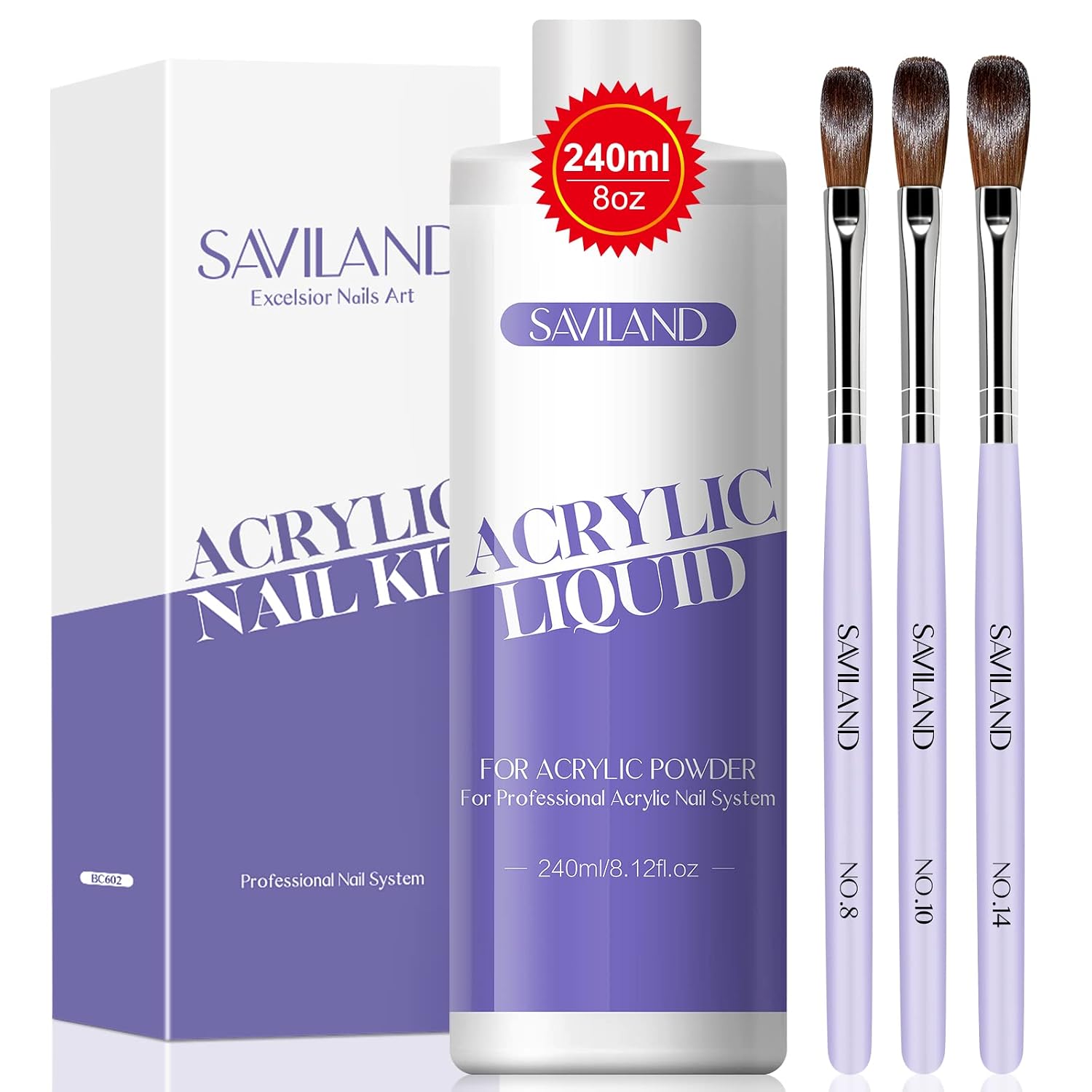 Detalle de Saviland Acryl Liquid für Nägel (240 ml) mit 3 Acrylpinseln – MMA-freie Formel für Verlängerung & Schnitzen