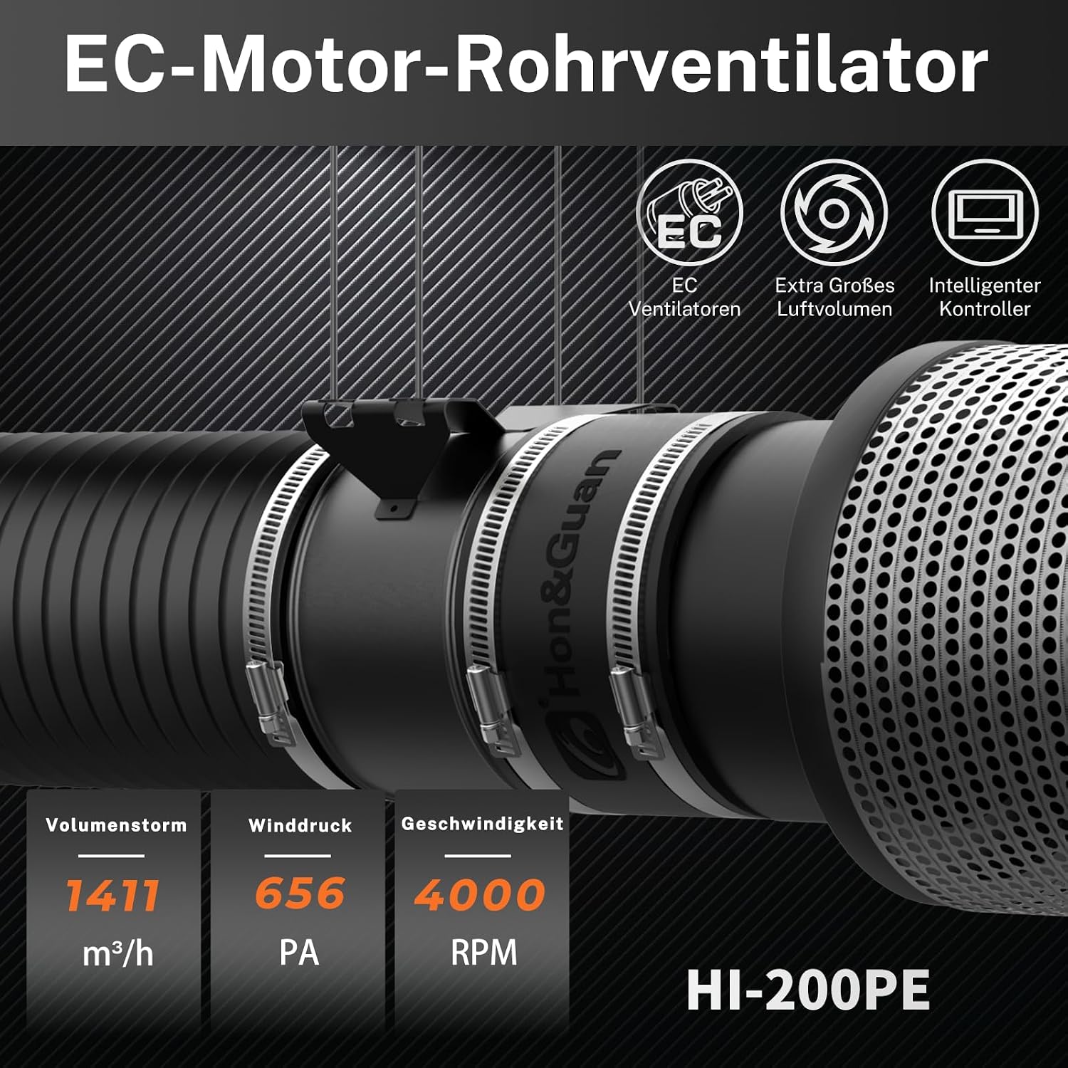 Detalle de Hon&Guan 200 mm EC Rohrventilator mit Temperatur- und Feuchtigkeitsregler – 1411 m³/h