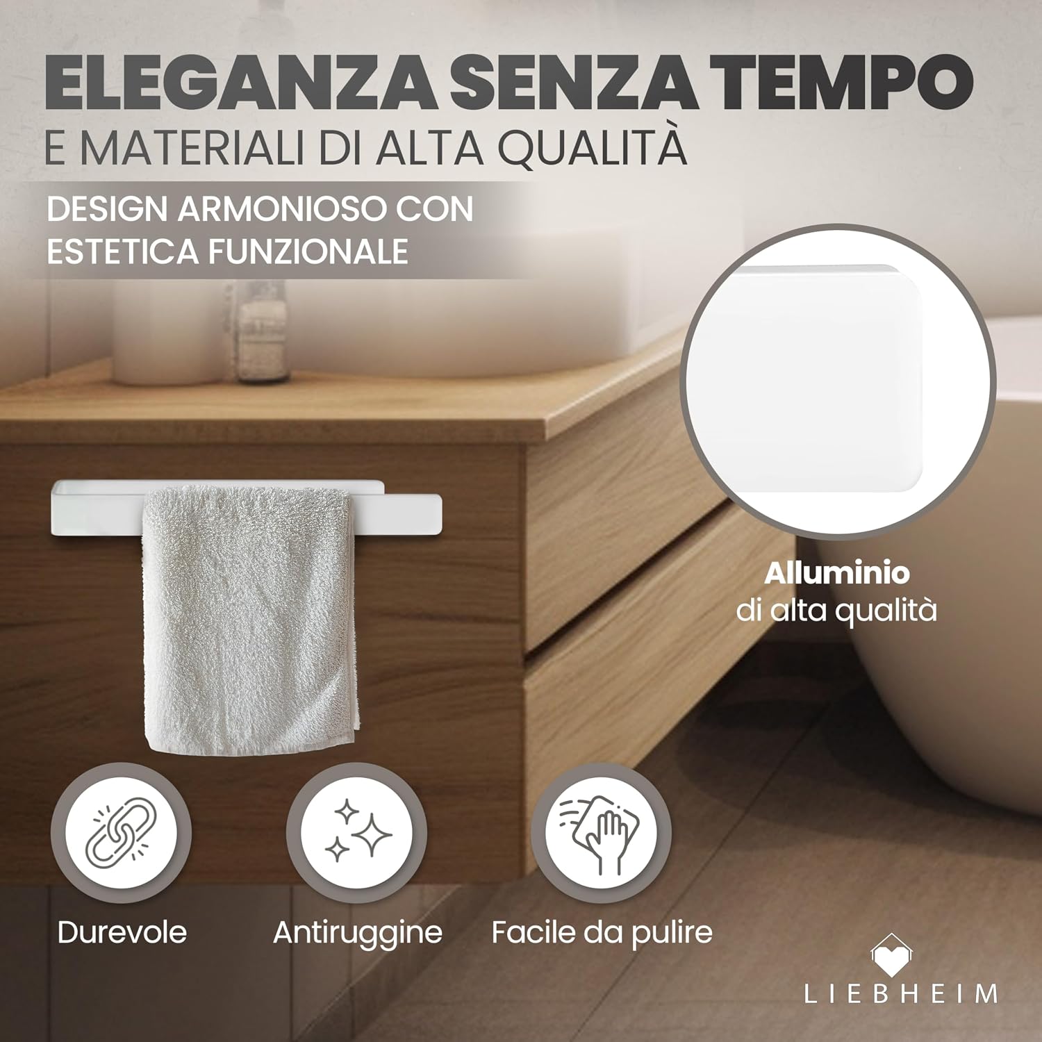 Detalle de LIEBHEIM Porta Asciugamani adesivo da parete in alluminio bianco (22 cm) – senza forare