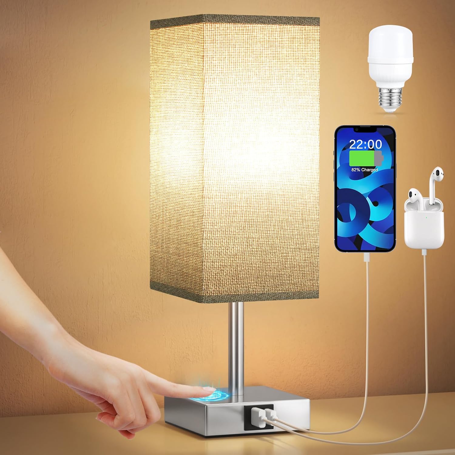 Thumbnail 6 de Aooshine Bedside Lamps: 3‑Way Dimmable Touch Lamp with USB A+C Ports (Grey Fabric Shade)