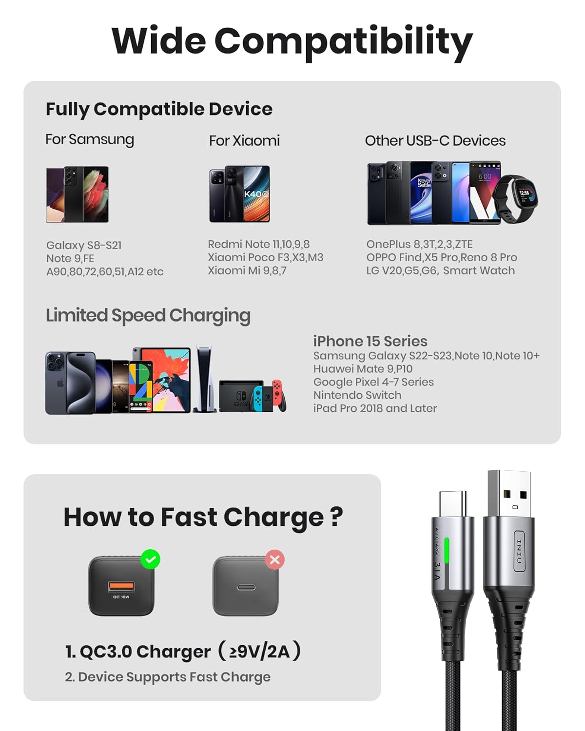 Detalle 2 de INIU USB C Cable 1m 3.1A Fast Charge