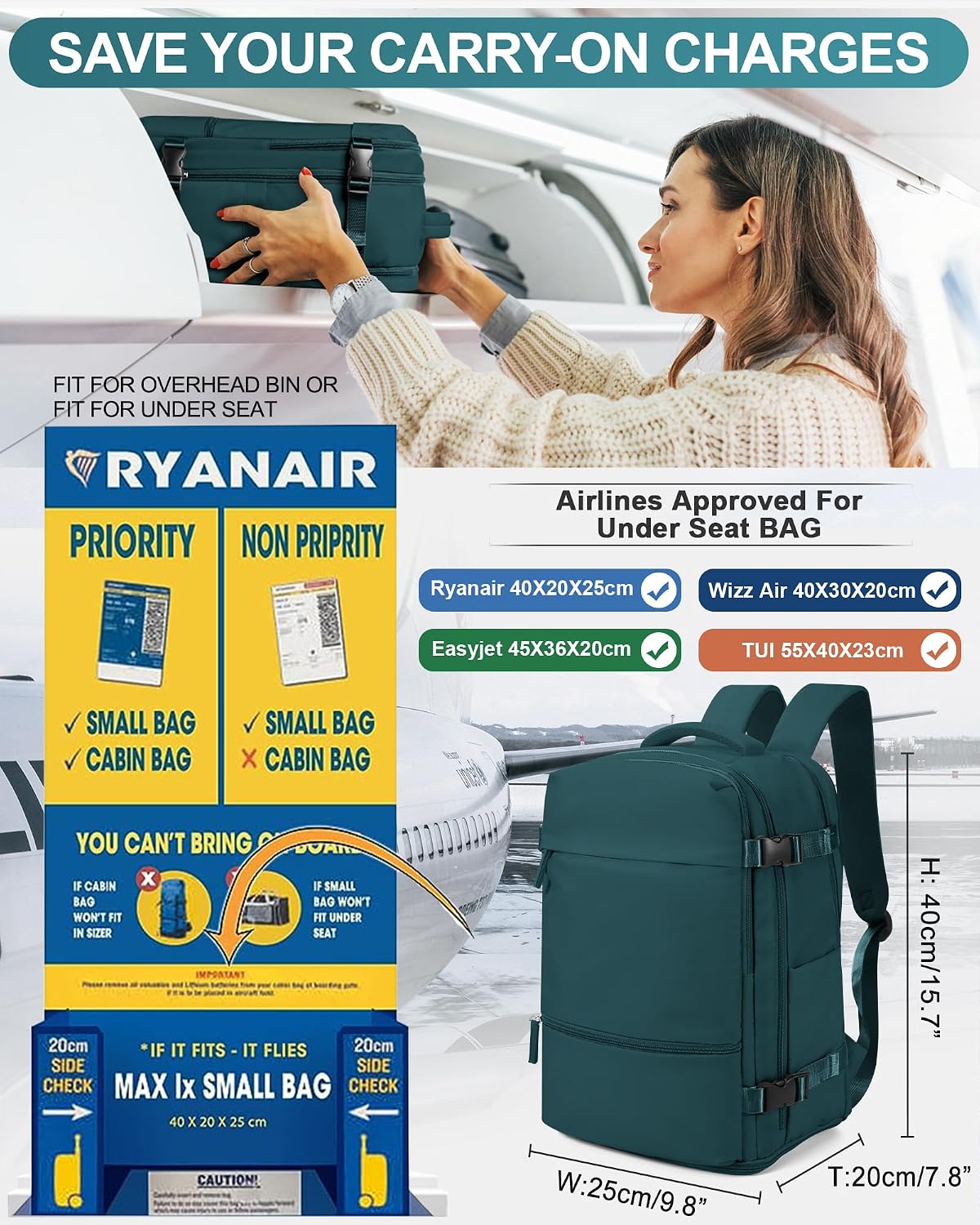 Detalle de SEAFEW Borsa da Cabina per Ryanair 40x30x20 cm – Zaino impermeabile multiuso con scomparti per laptop 14" (G3-blu pavone, chiaro)