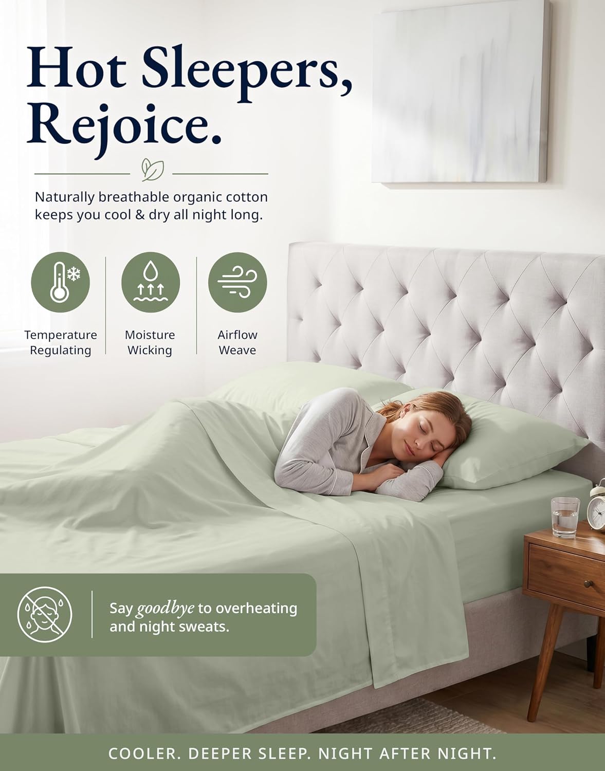 Thumbnail 6 de LANE LINEN OGN160FS-QN-MIN Queen Fitted Sheet Set, Organic Cotton Percale, 15" Pocket