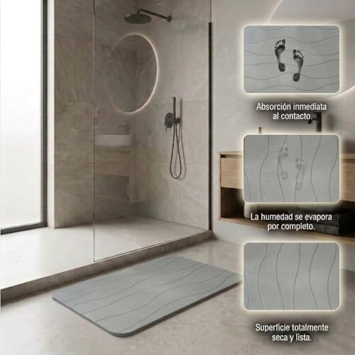Detalle de edihome Alfombra Diatomita Baño 40x60 cm Gris Claro – secado ultrarrápido, absorbente y antideslizante
