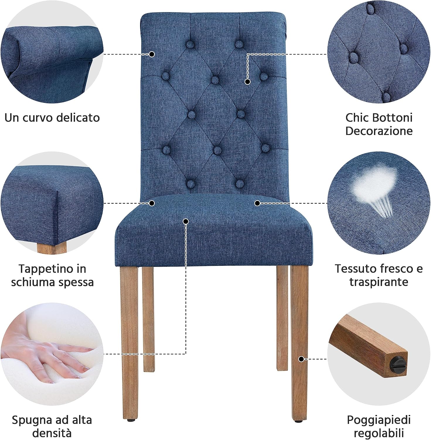 Detalle 2 de Yaheetech Set 4 Sedie Imbottite Blu con Schienale Alto, Gambe in Legno – Eleganza e Comfort per Sala da Pranzo