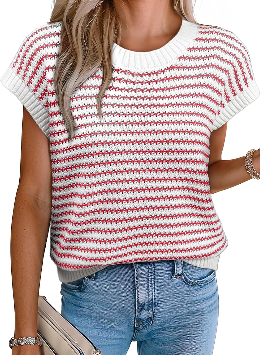 Thumbnail 6 de EVALESS Women’s Striped Sweater Vest Pullover Tank Top (Crewneck, Cap Sleeve)