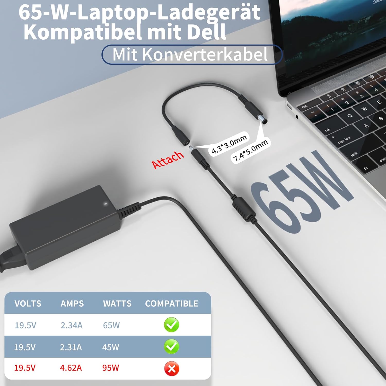 Detalle 2 de 65W Laptop-Ladegerät kompatibel mit Dell Inspiron, Vostro und Latitude – SMMKOXOI
