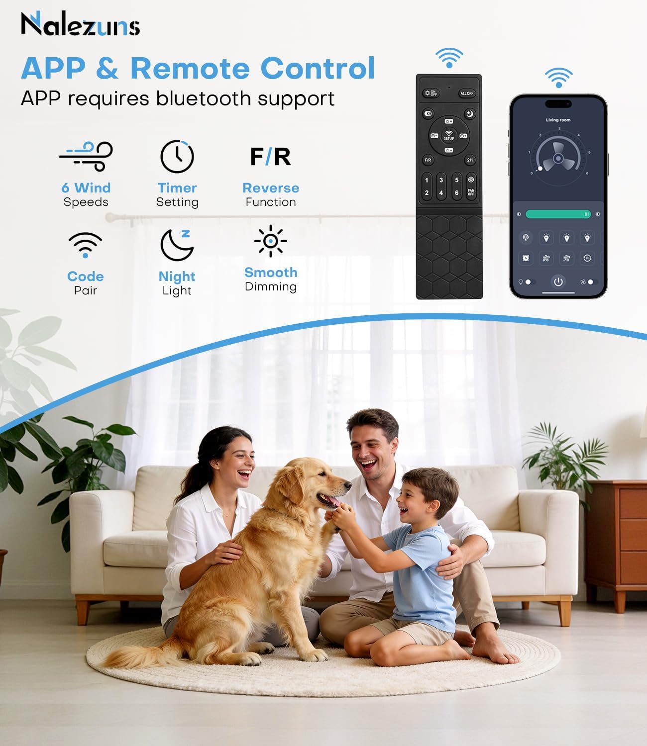 Thumbnail 3 de Nalezuns Deckenventilator mit Beleuchtung (40 cm) – LED dimmbar, App & Fernbedienung, 6 Geschwindigkeiten, Timer