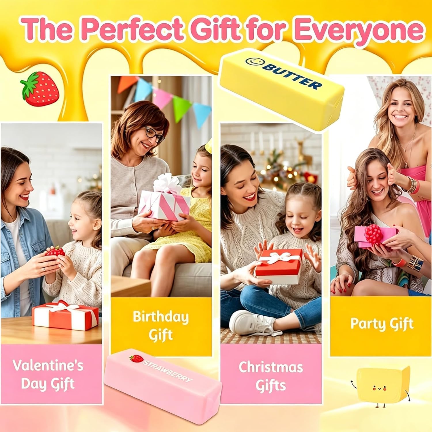 Thumbnail 6 de MUVZKQIAN 2 Pcs Butter Squishy Toy – Cute Butter Strawberry Squishy Style, 50g Each, TPR, Stress Relief for Desk and Travel