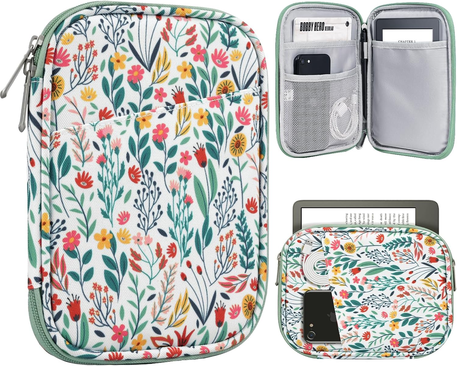 Detalle de TiMOVO 6-7 Inch Tablet Sleeve for eReader (Flowers) – Durable Polyester Protective Case with Multiple Pockets