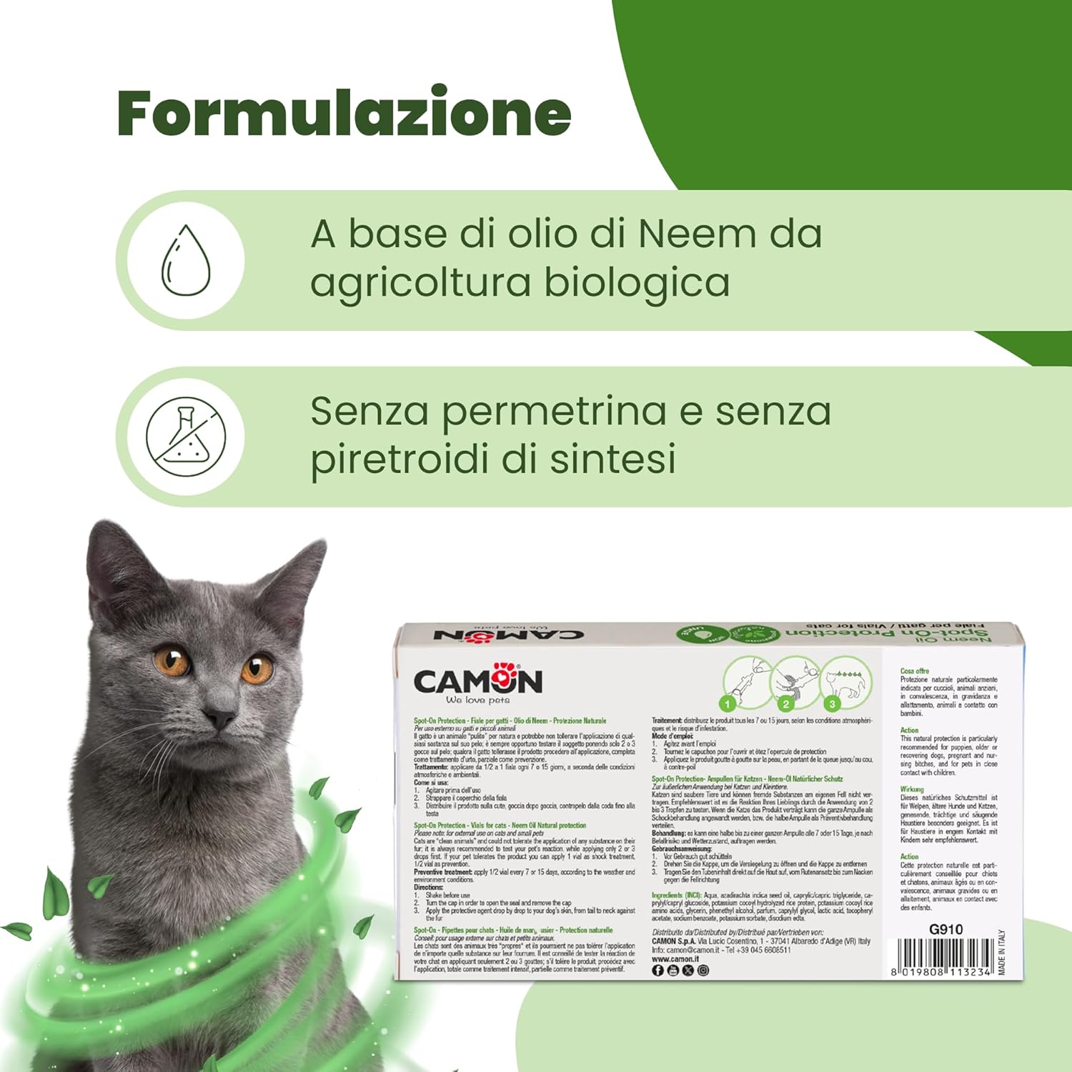 Thumbnail 1 de CAMON Spot-On Protection Gatto con olio di neem e aminoacidi, 5 fiale da 2 ml