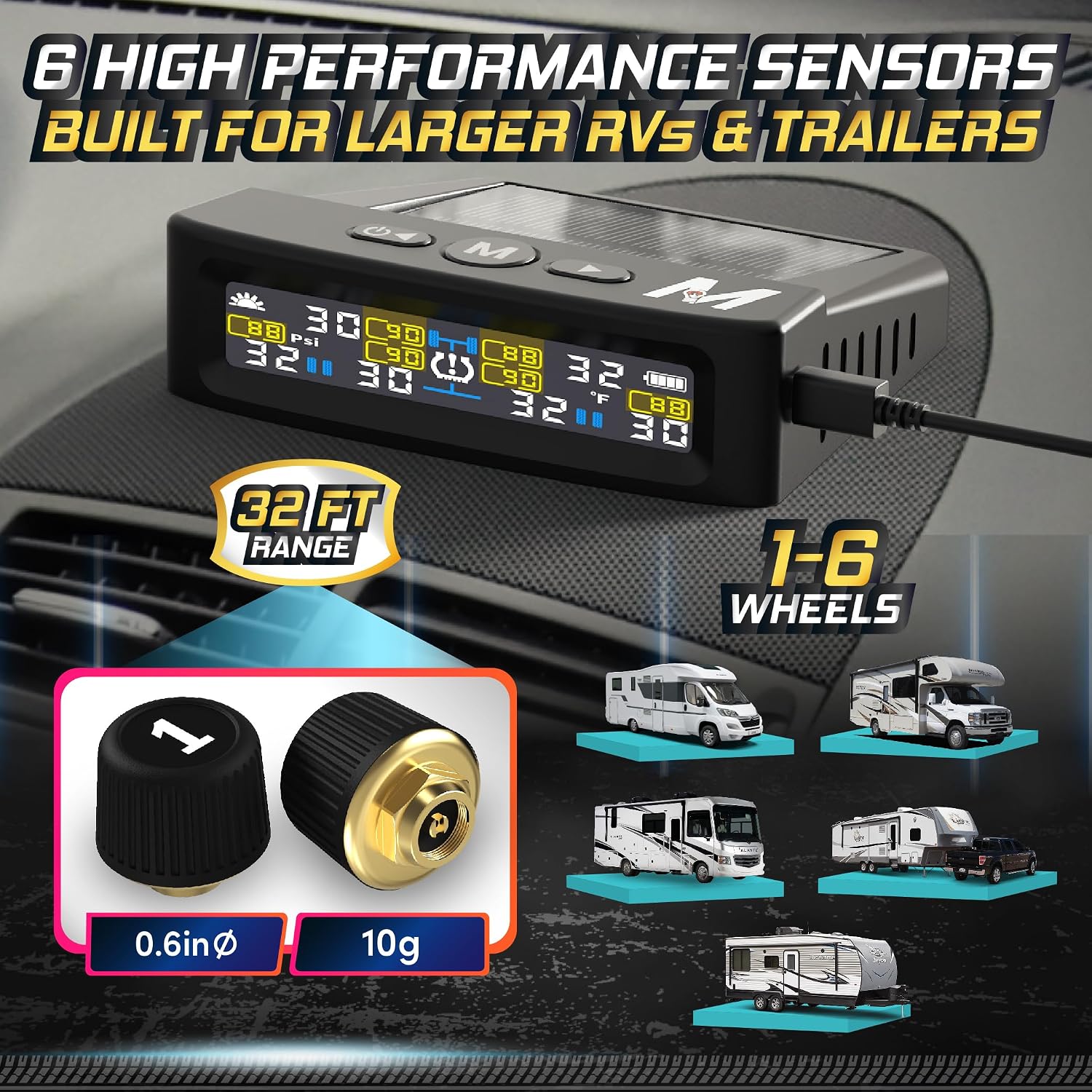 Thumbnail 2 de Marcala 2026 V2.0 Trailer TPMS Set (6 Sensors) – Extended 32-Foot Range, 0-144 PSI, Solar/USB Power