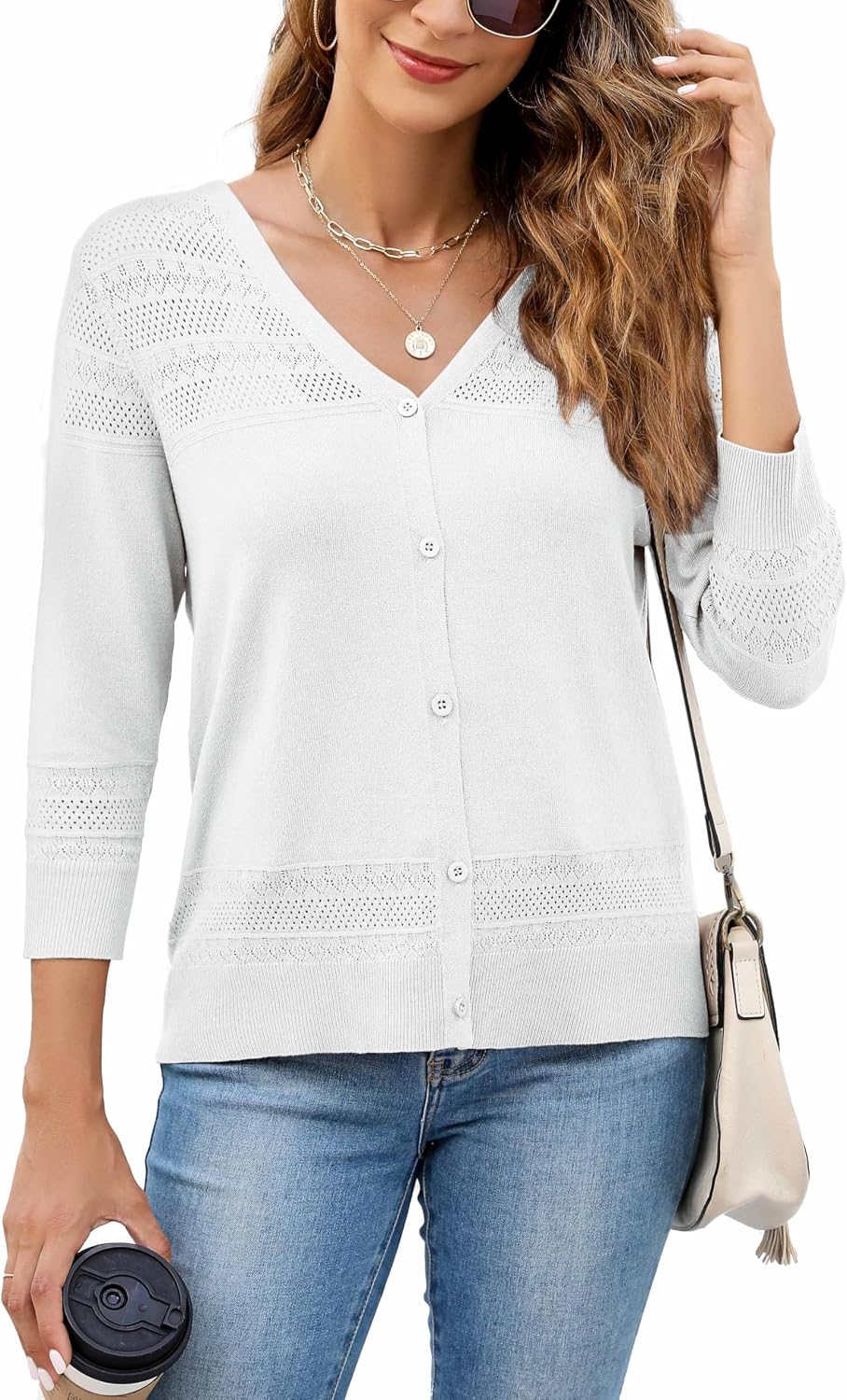 Thumbnail 4 de Neineiwu Strickjacke Damen V-Ausschnitt 3/4